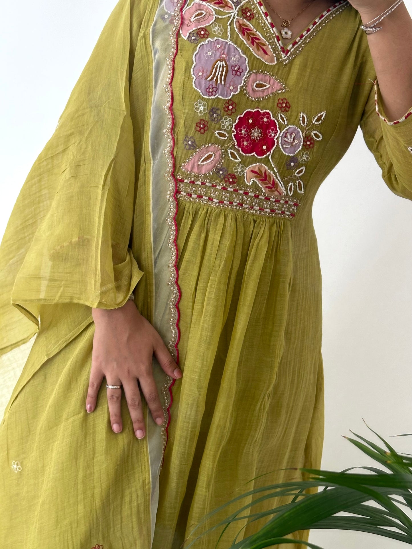 K366 - Mul Chanderi handwork Anarkali with pants and dupatta