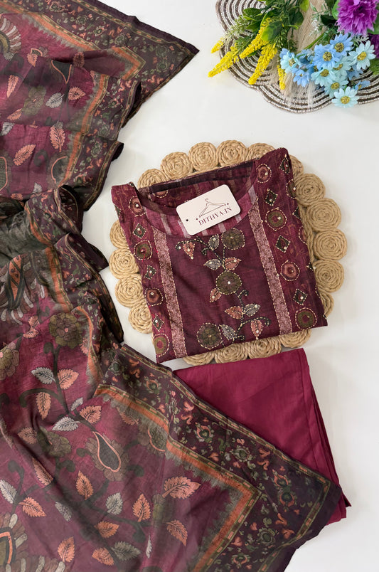 K483 - Cotton katha work straight Kurti with pants and dupatta