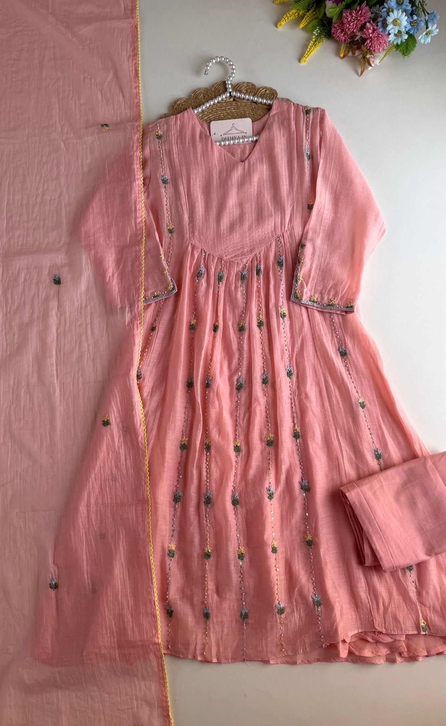 K632 - Mul chanderi embroidered Anarkali with pants and dupatta