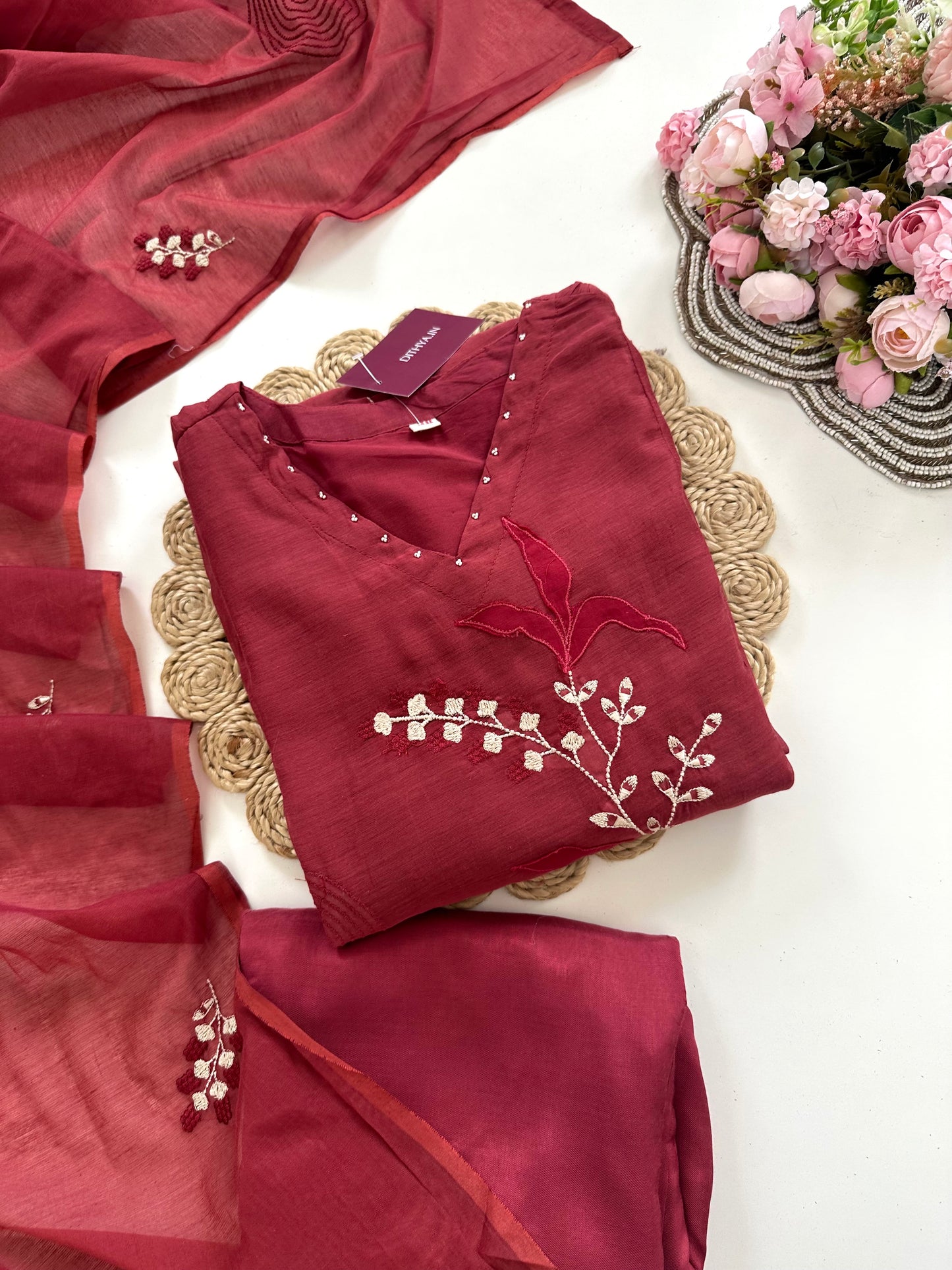 K210 - Mul Chanderi appliqué work Anarkali with pants and dupatta in 2 colours