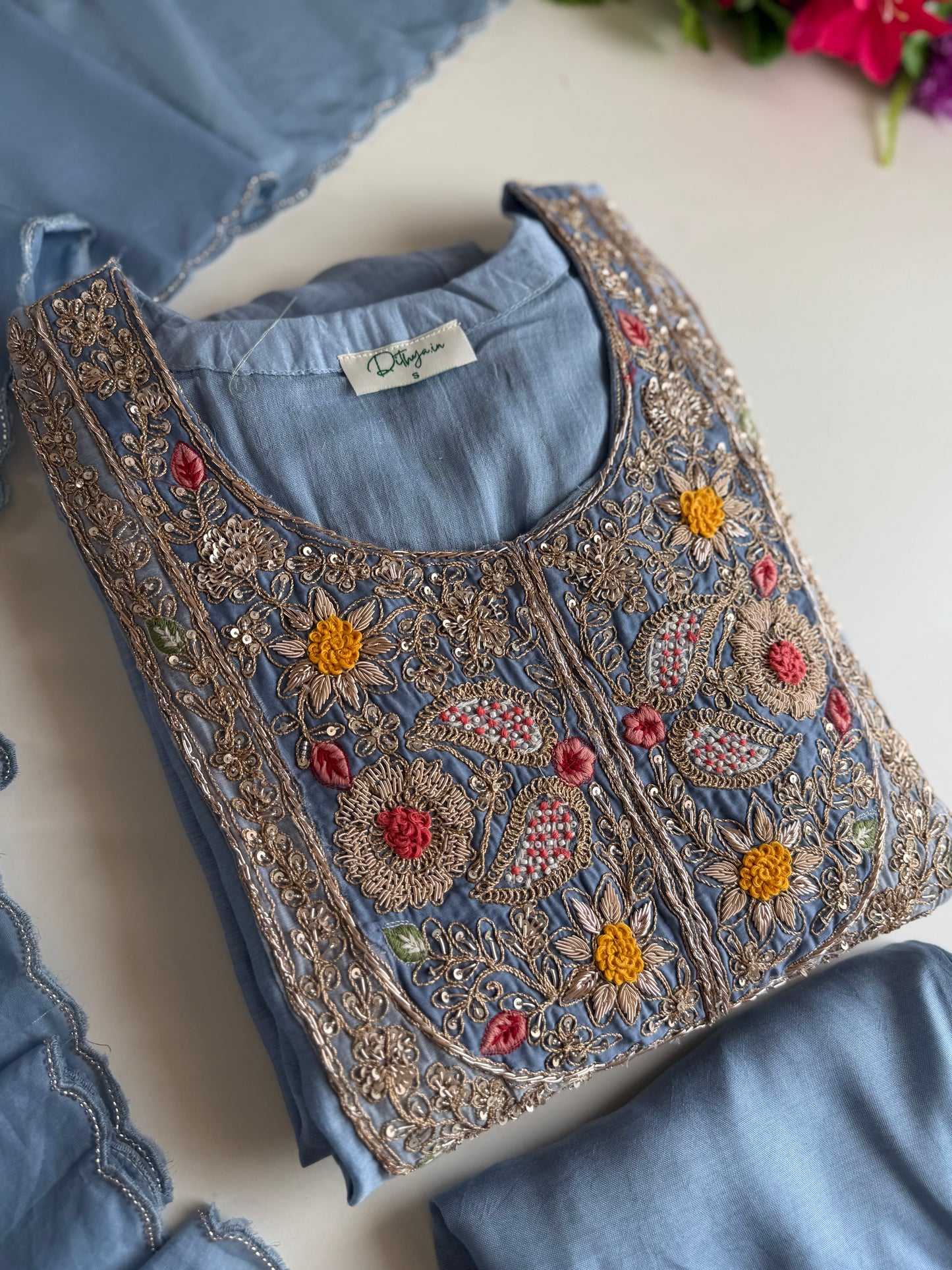 K424 - Mul chanderi heavy handwork Anarkali with pants and dupatta in 2 colours