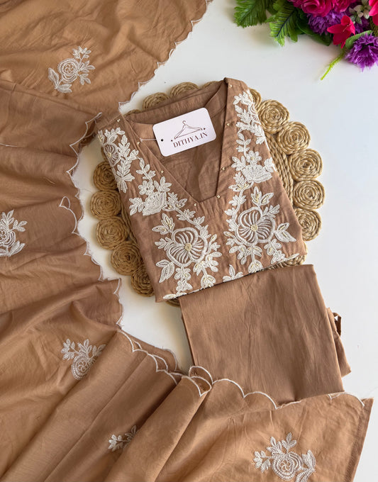 K235 - Mul cotton embroidered Aline Kurti with pants and dupatta