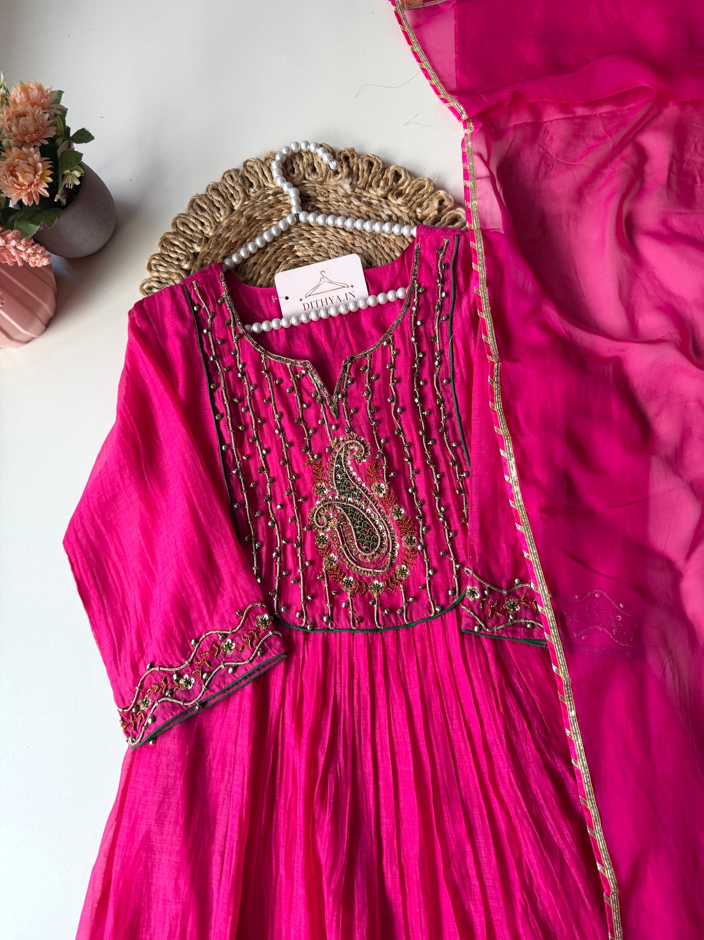 K595 - Mul chanderi ghungroo handwork Anarkali with pants and dupatta