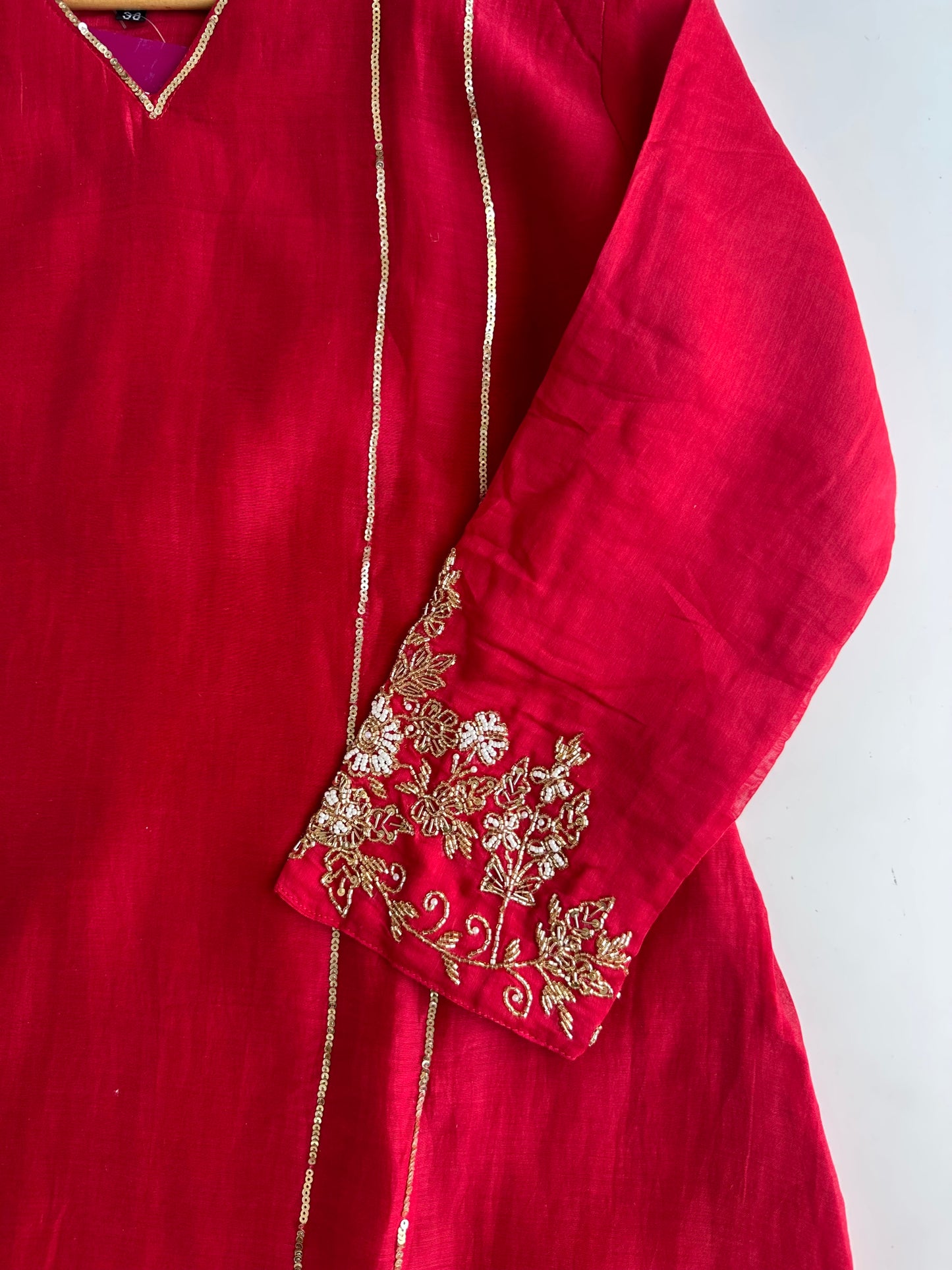 K070 - Mul Chanderi handwork Aline Kurti with pants and dupatta