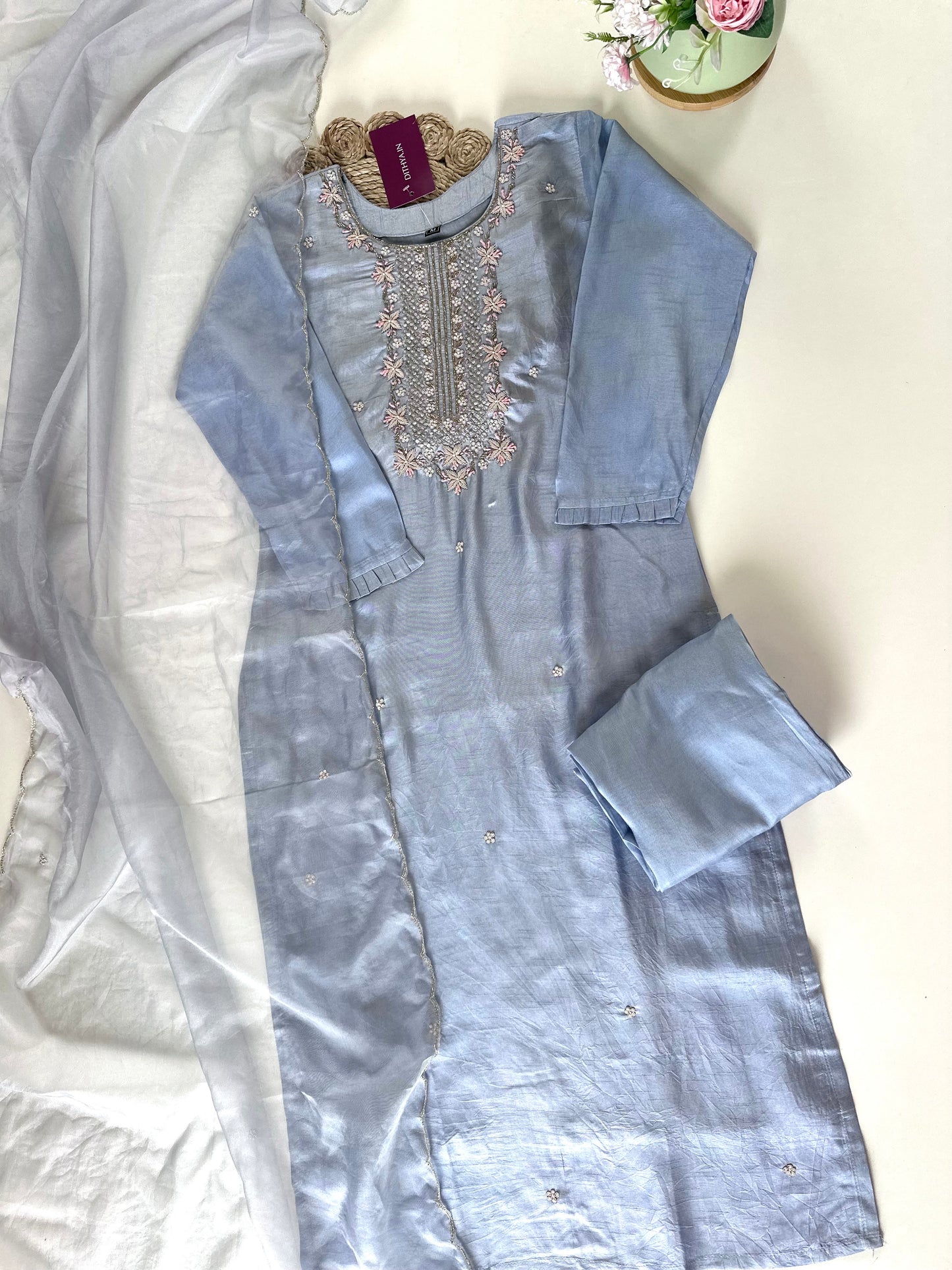 K248-Dola silk Handwork straight kurti with pants and dupatta.