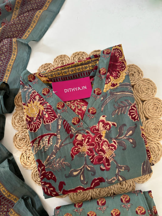 K170 - Mul cotton floral printed Anarkali with pants and dupatta