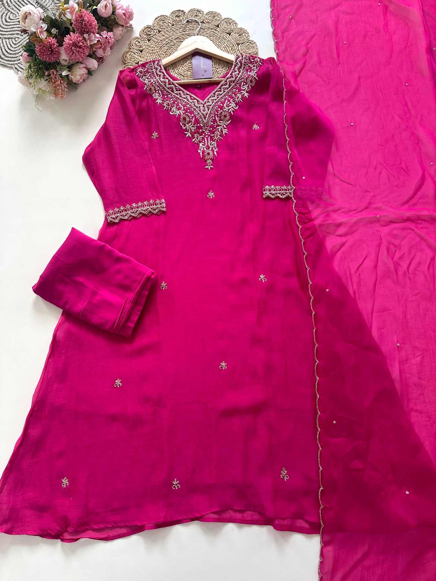 K390-Mul Chanderi Zardosi work Aline Kurti with pants and dupatta.