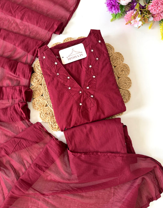 K628 - Mul cotton mirror work Anarkali with pants and dupatta