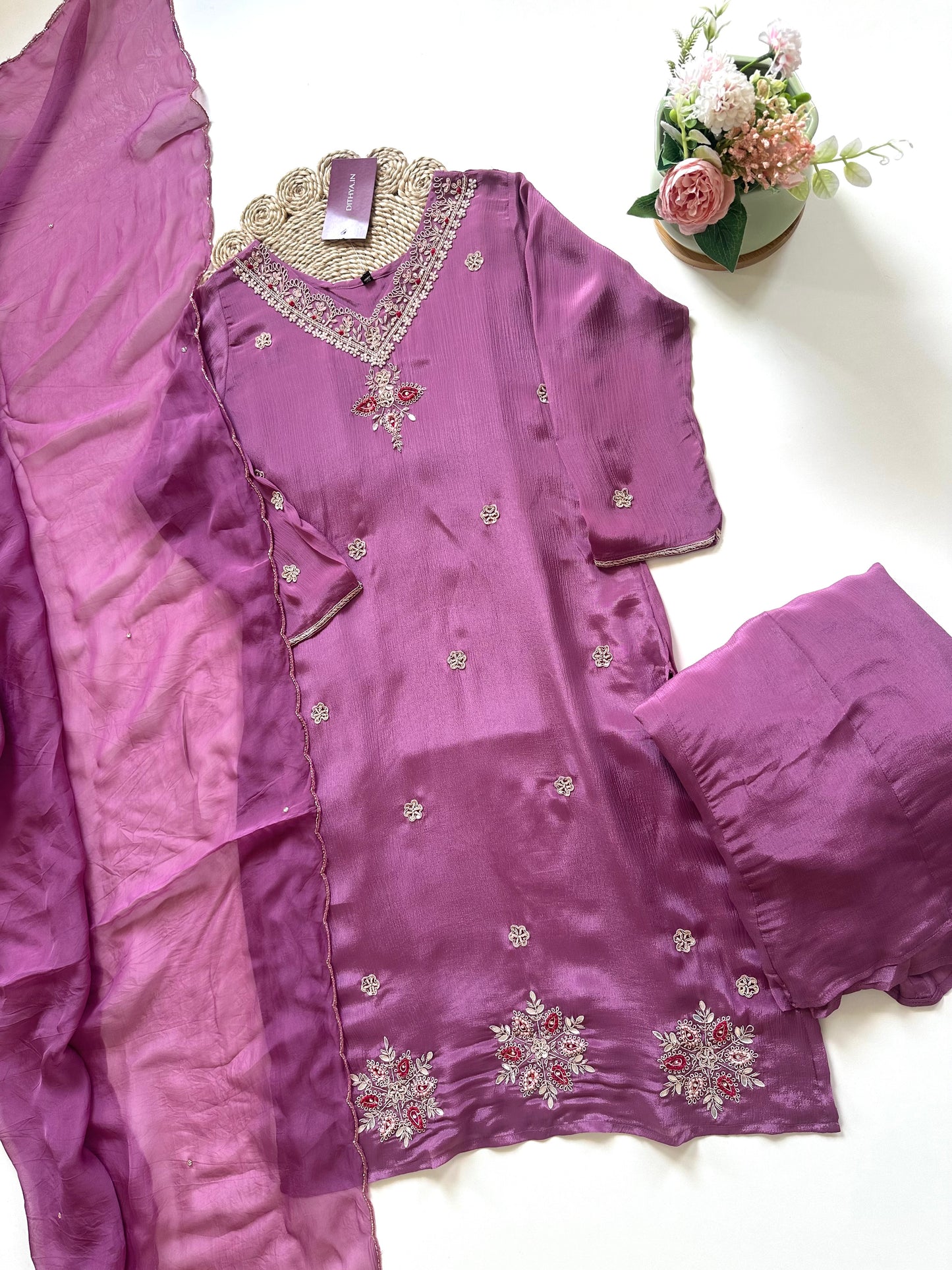 K093 - Chinnon Handwork straight kurti with palazzo pants and dupatta.