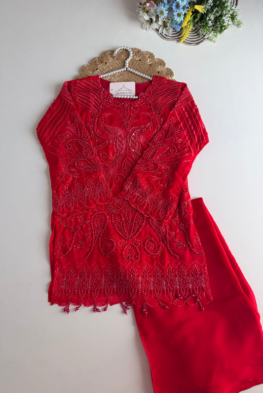 K174 - Pure crape handwork short Kurti with divider pants