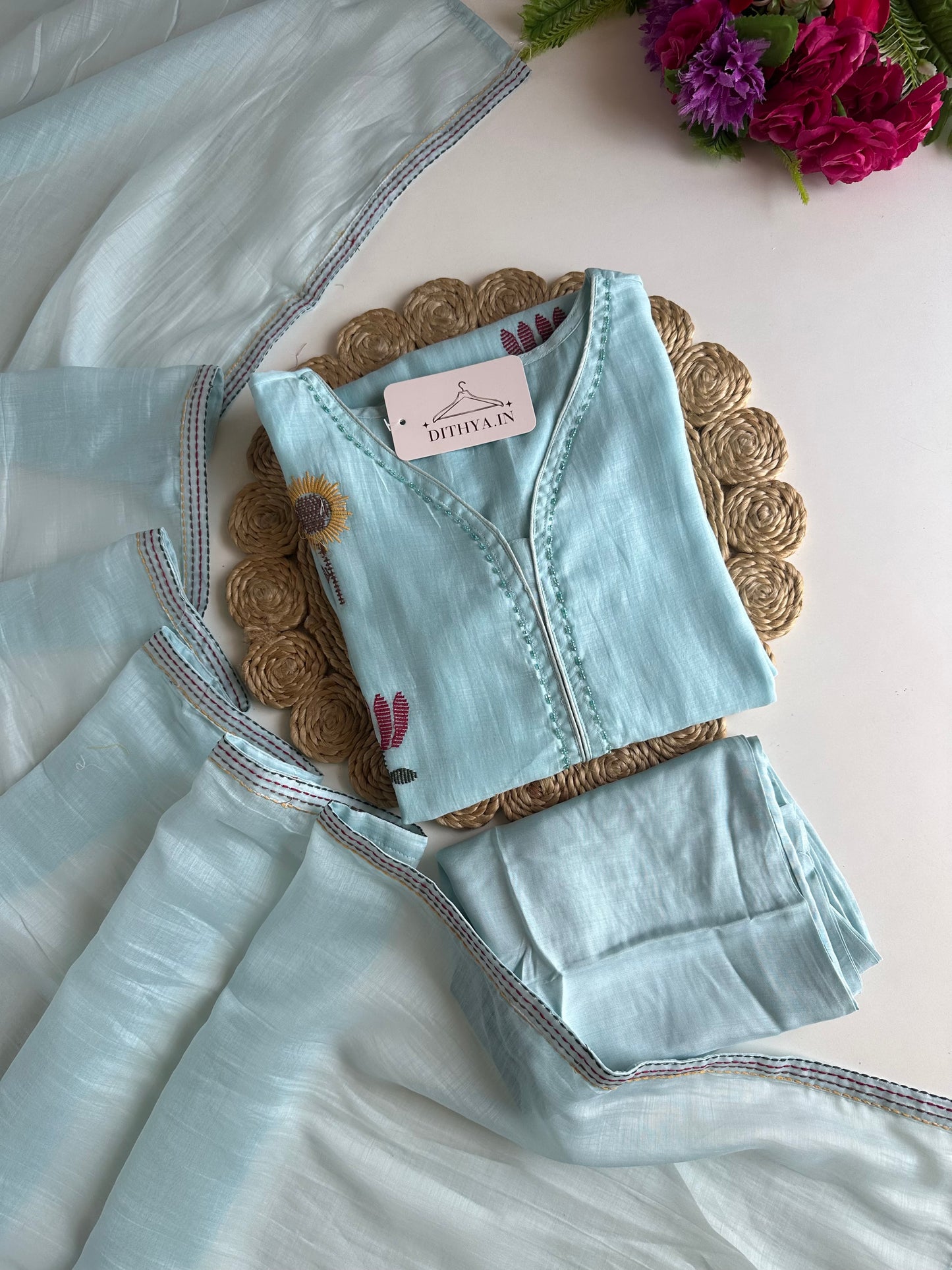 K473 - Muslin cotton embroidered straight Kurti with pants and dupatta