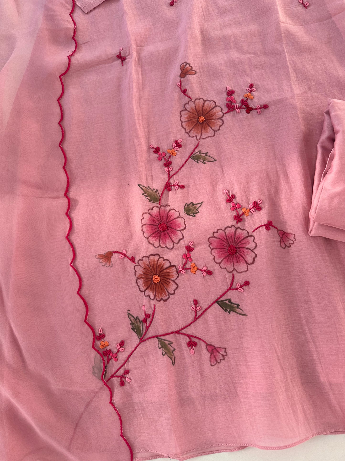 K380 - Mul chanderi hand painted and embroidered aline Kurti with pants and dupatta