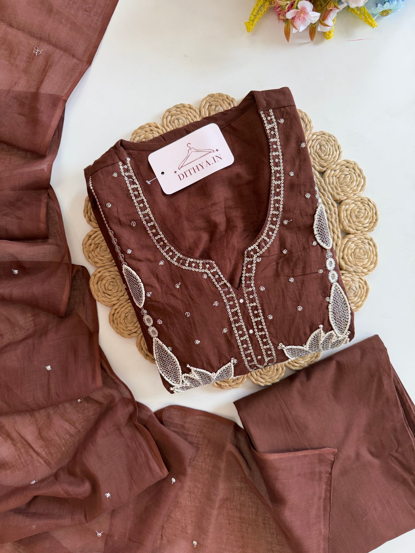 K126 - Mul cotton embroidered Anarkali with pants and dupatta in 2 colours