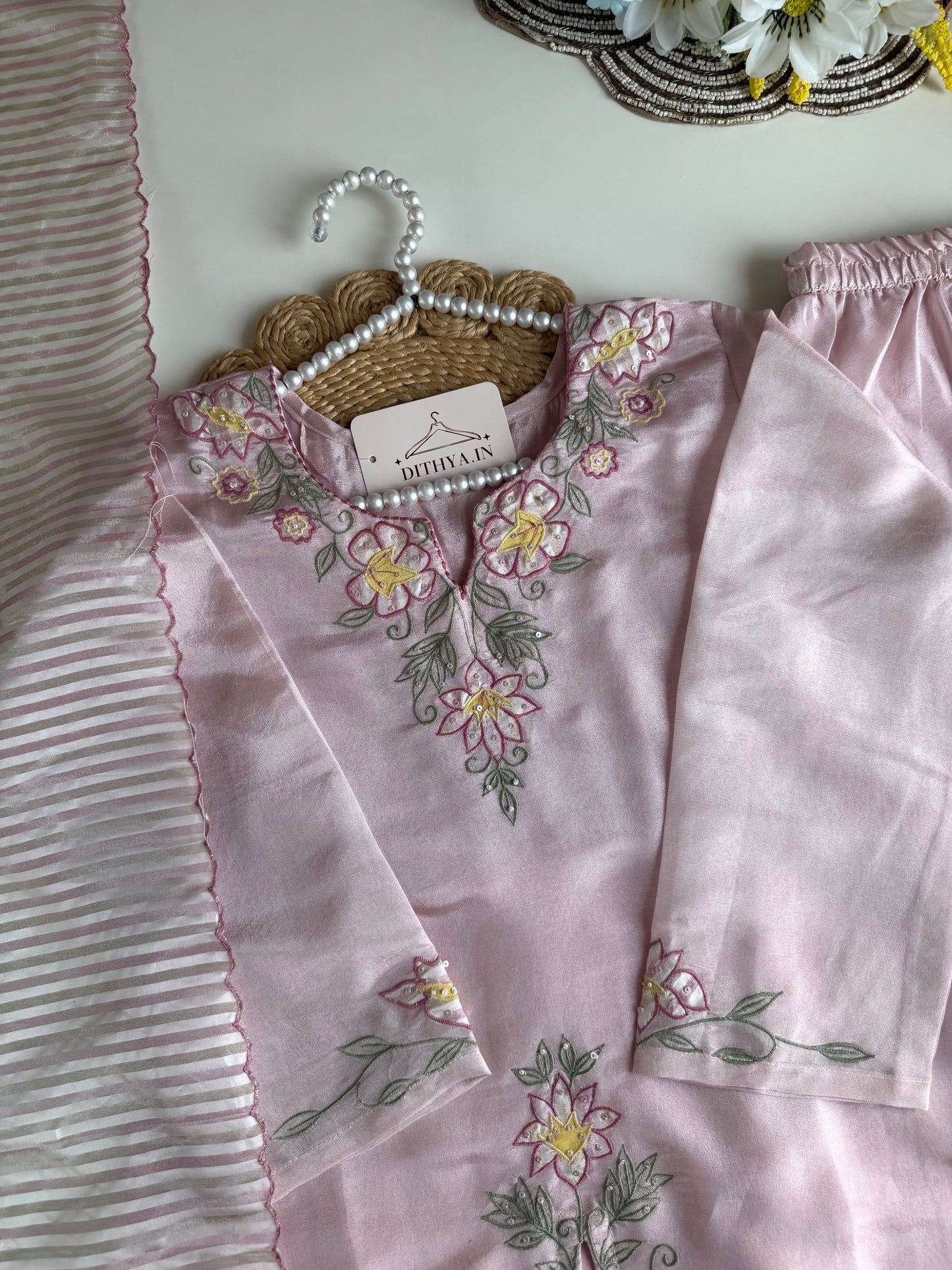 K548 - Tissue silk appliqué handwork short Kurti with divider pants and dupatta