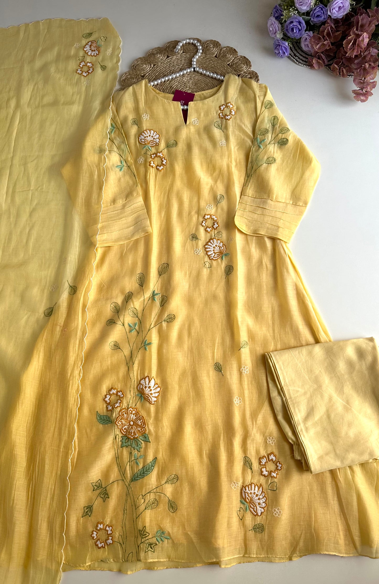 K086 - Mul Chanderi Appliqué work Aline Kurti with pants and dupatta