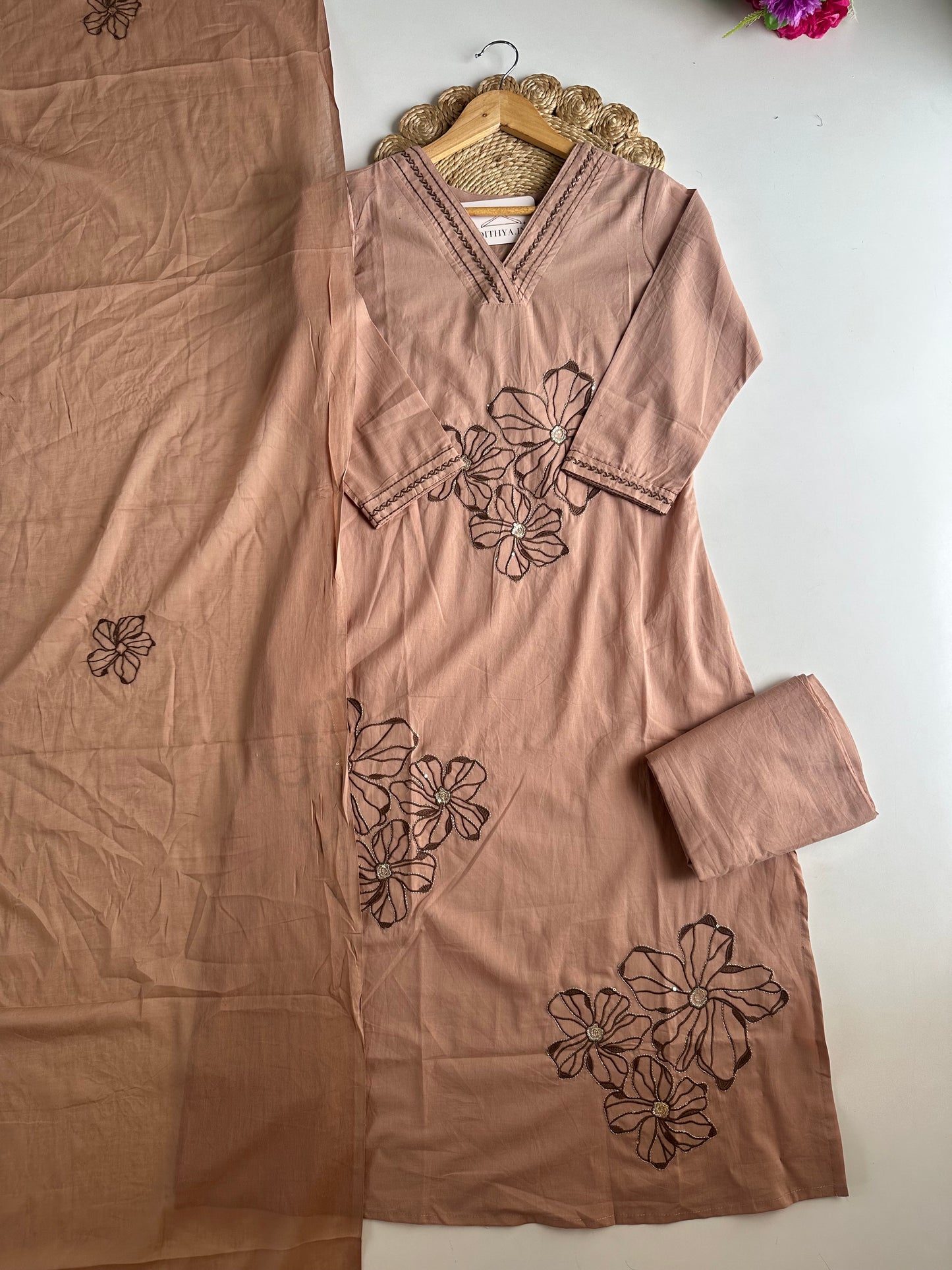 K184 - Mul cotton embroidered straight Kurti with pants and dupatta