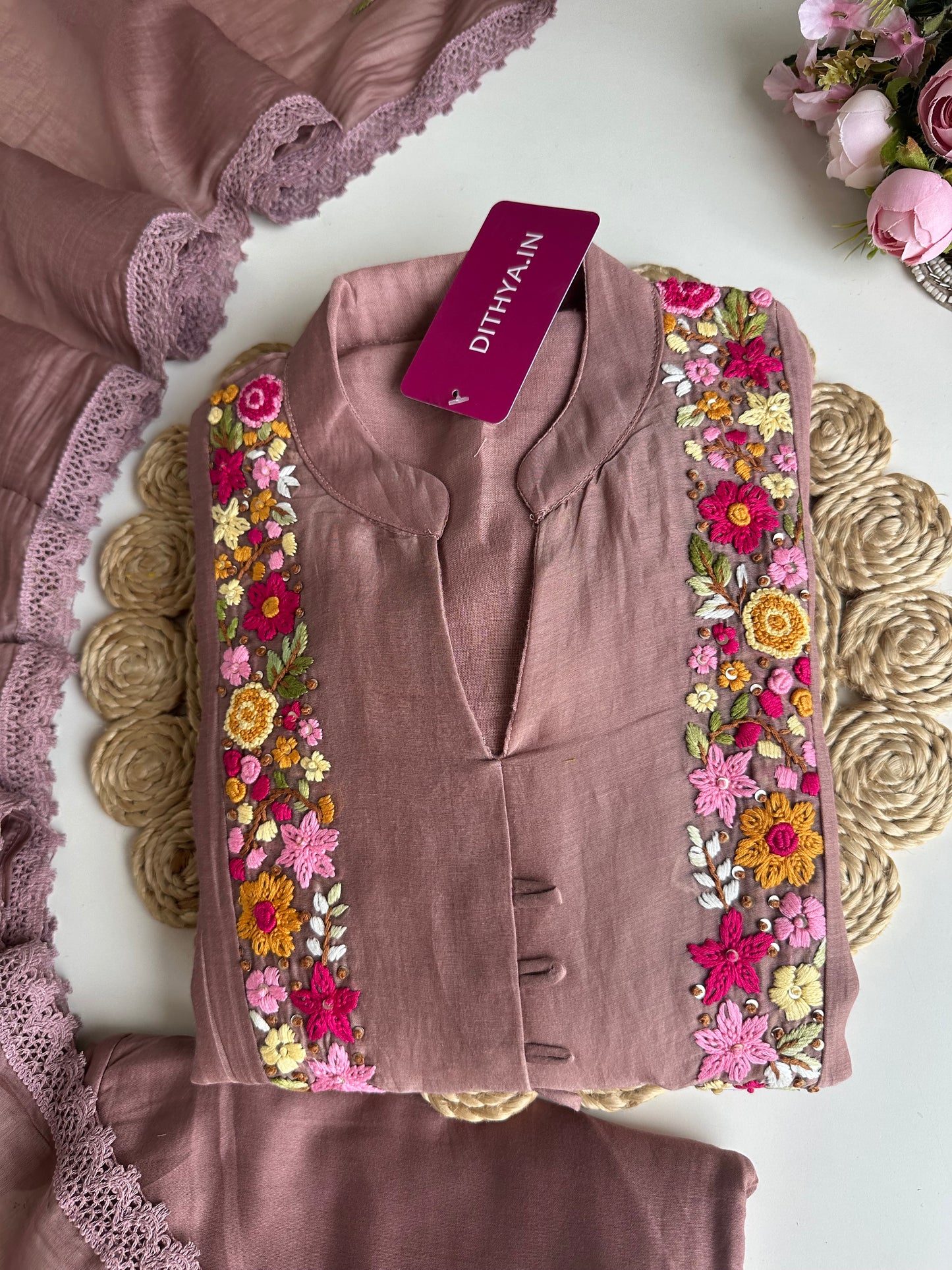 K350 - Mul Chanderi embroidered Aline Kurti with pants and dupatta