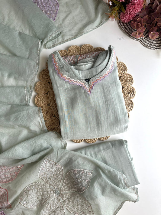 K454 - Mul Chanderi handwork Aline Kurti with pants and dupatta