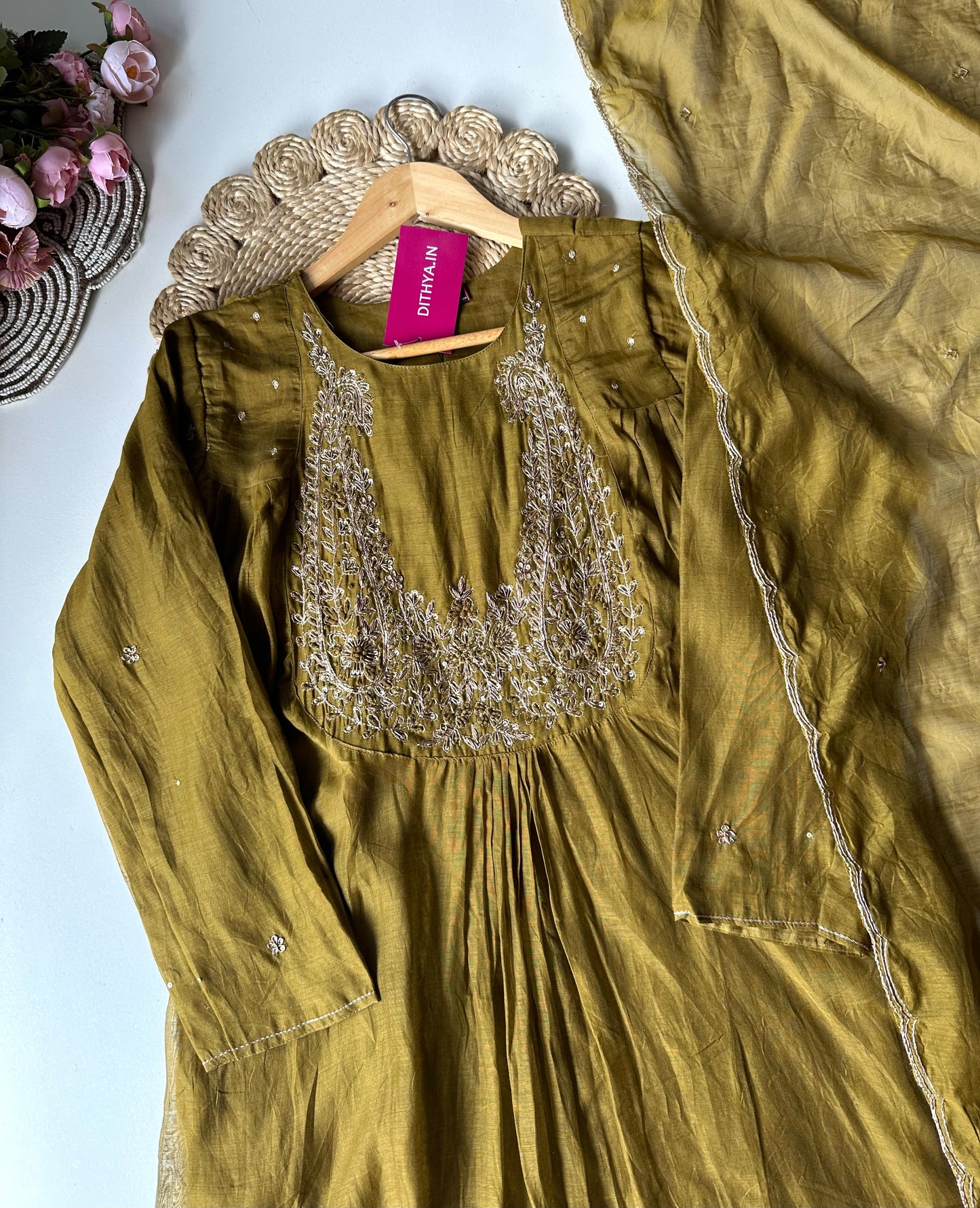 K197 - Mul Chanderi zari work Aline Kurti with pants and dupatta