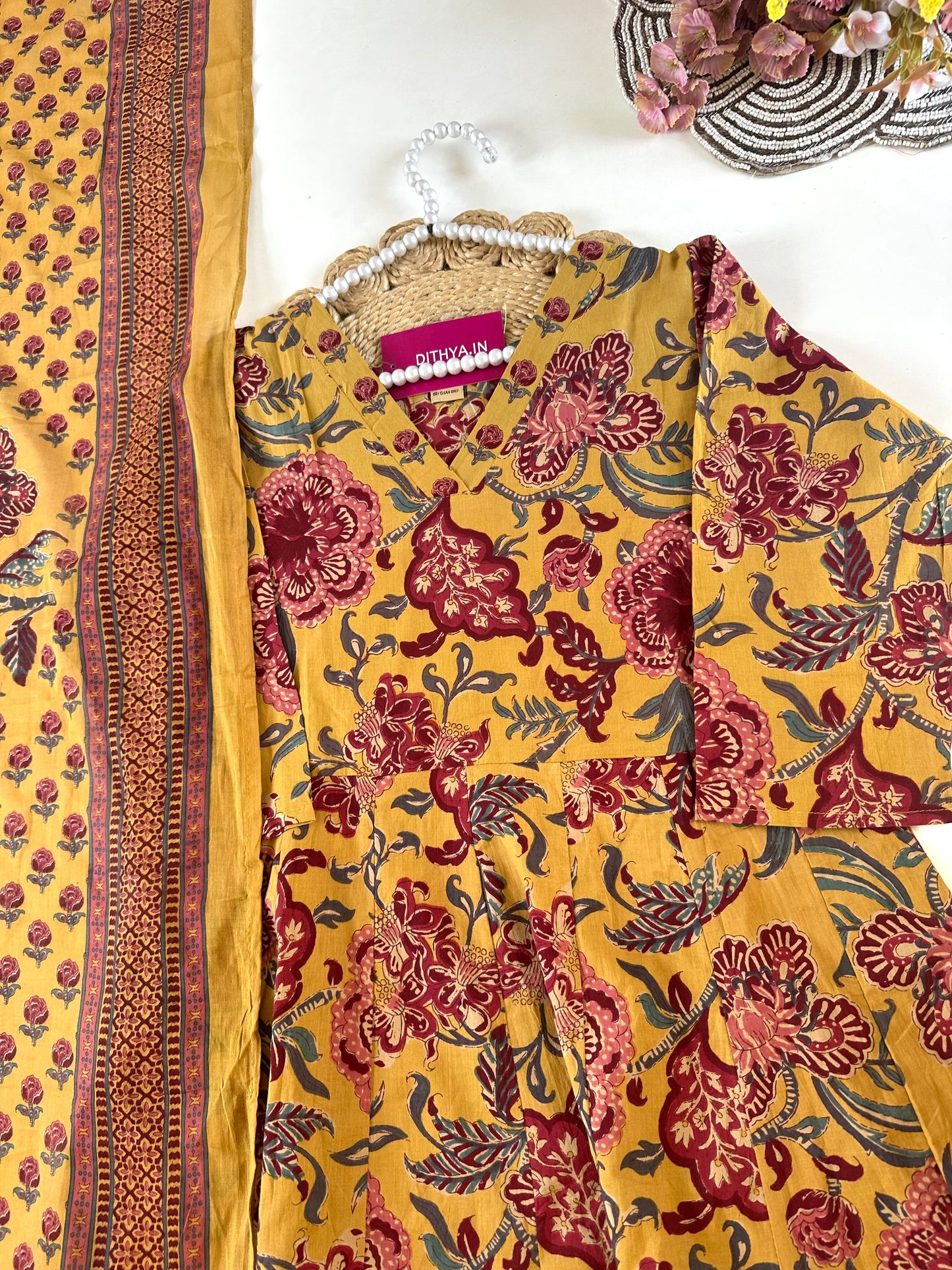 K674 - Mul cotton floral printed Anarkali with pants and dupatta
