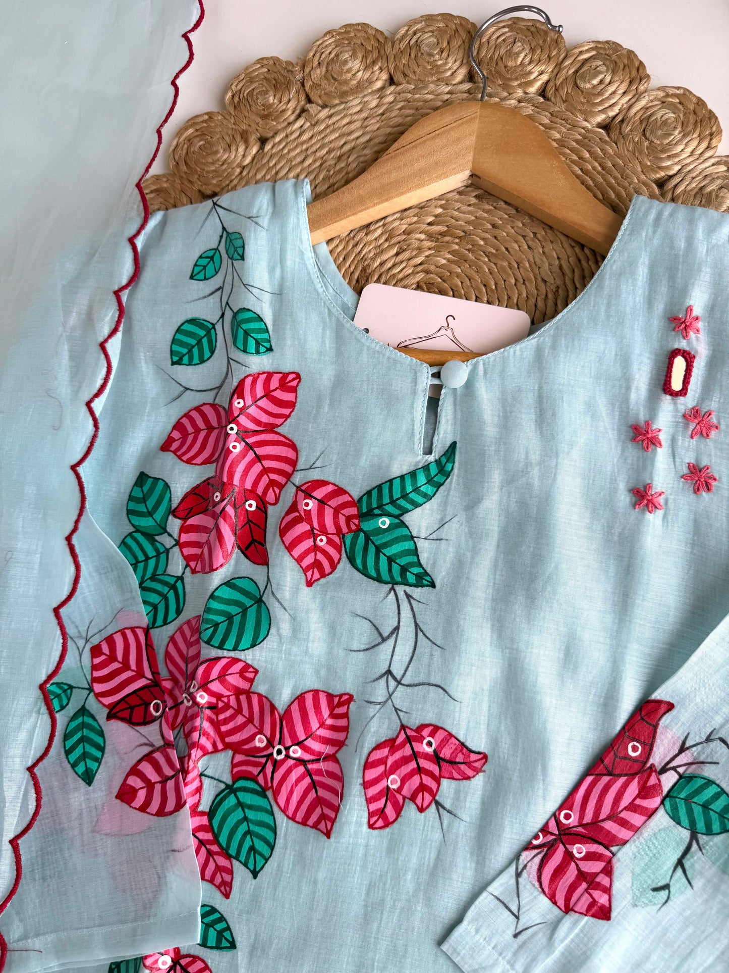 K611 - Mul chanderi hand painted & embroidered straight Kurti with pants and dupatta