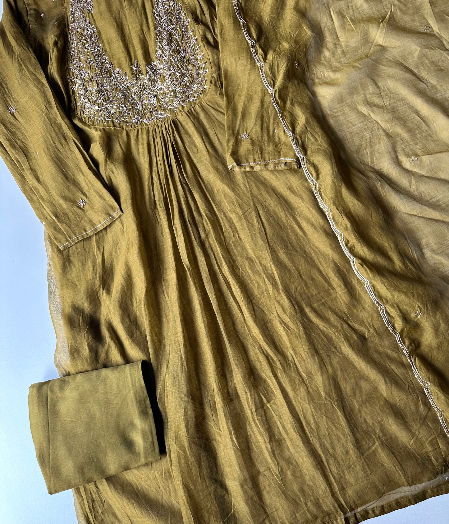 K197 - Mul Chanderi zari work Aline Kurti with pants and dupatta