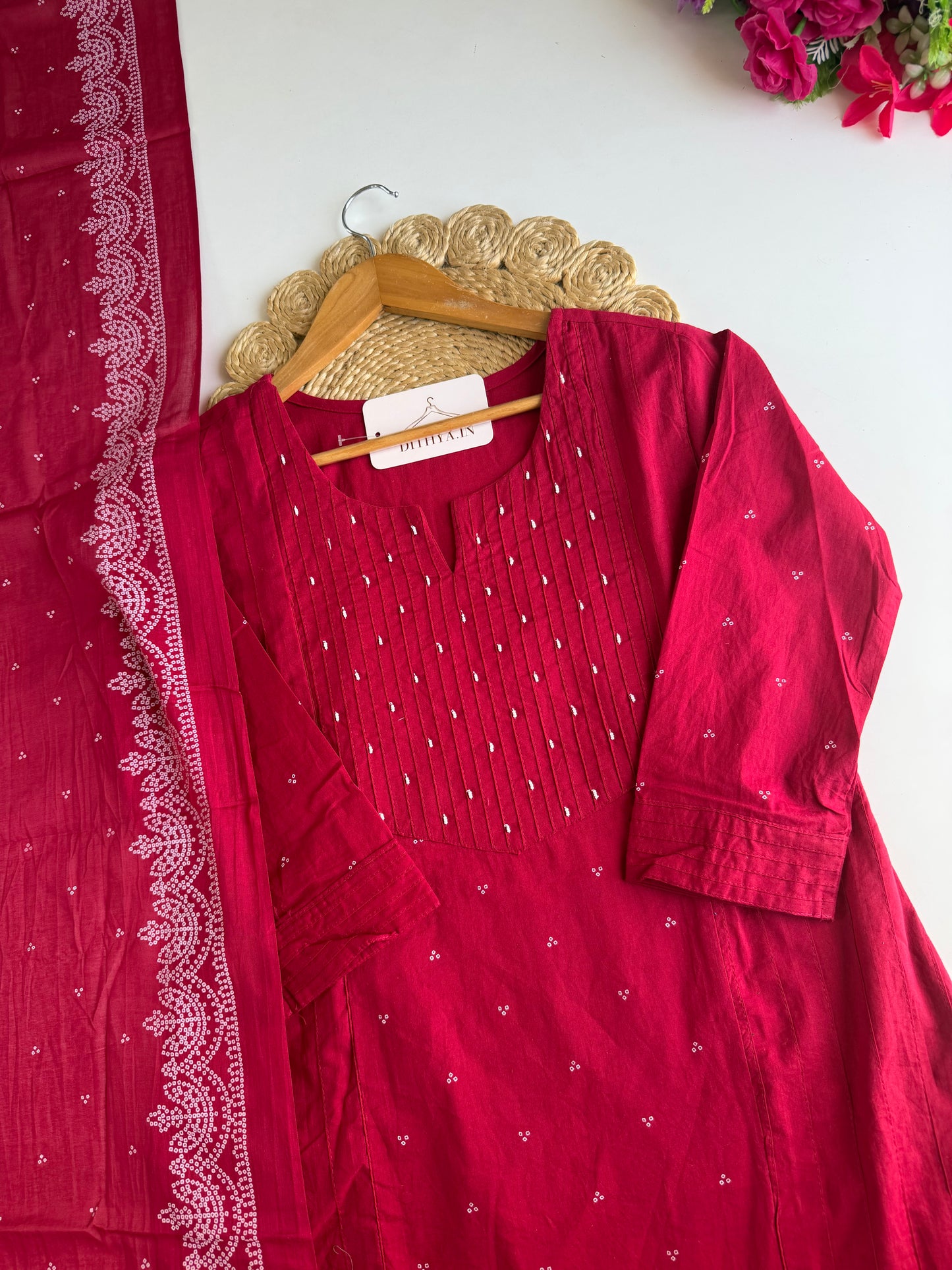 K711 - Mul cotton embroidered straight Kurti with pants and dupatta