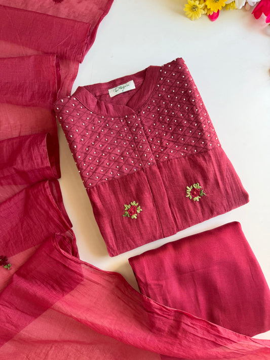 K086 - Mul chanderi embroidered Aline Kurti with pants and dupatta