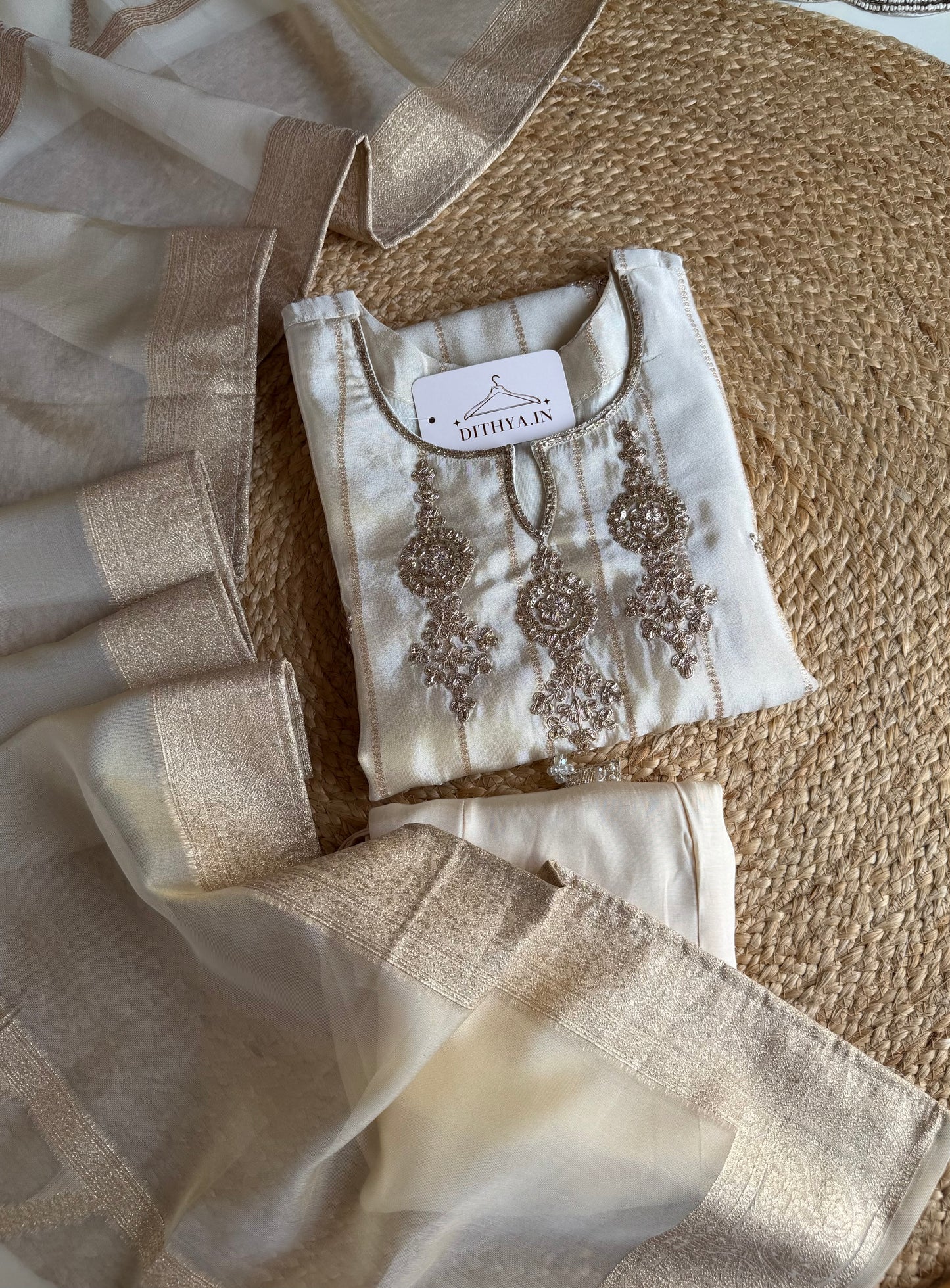 K092 - Tissue silk handwork straight Kurti with pants and dupatta