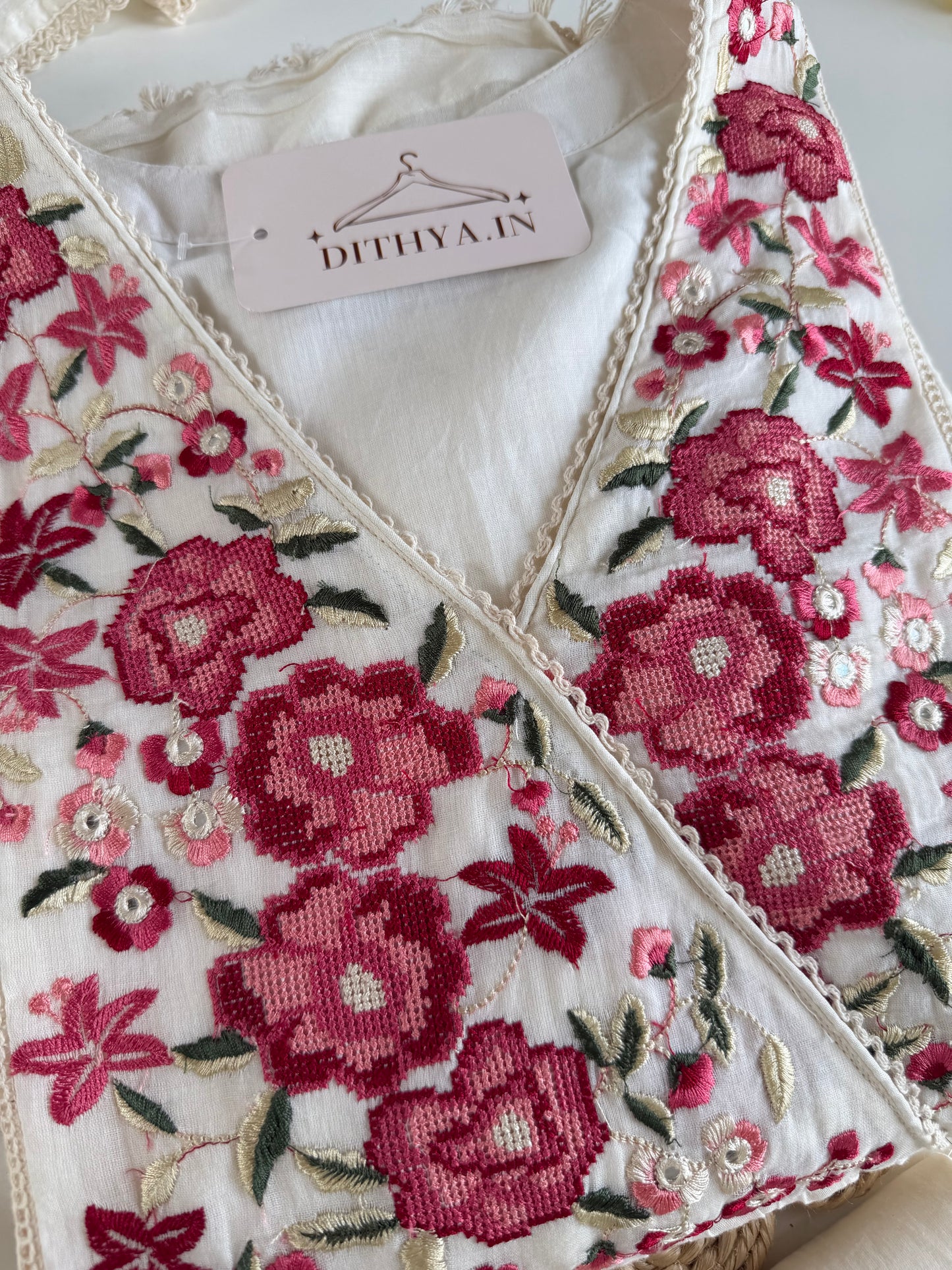 K476 - Mul Mul cotton embroidered Anarkali with pants and dupatta in 2 colours