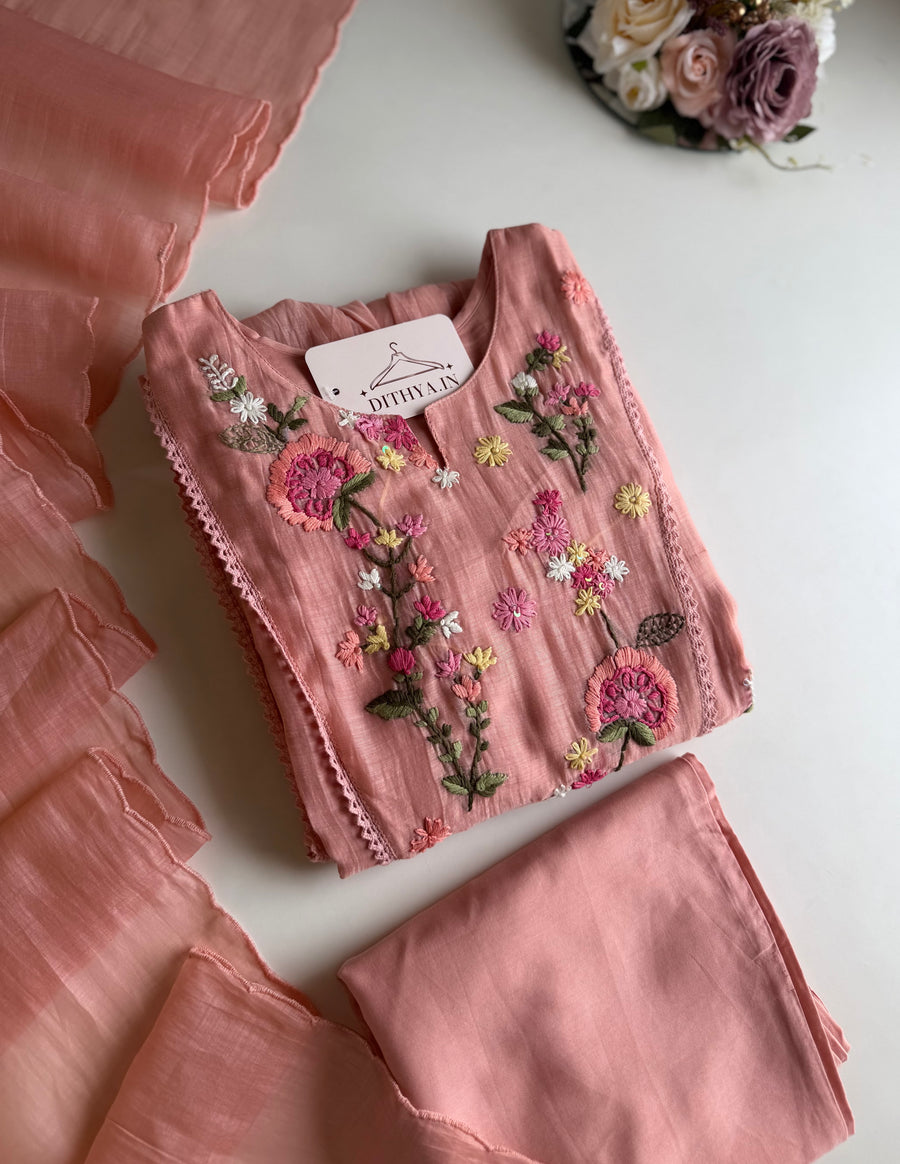 K456 - Mul chanderi embroidered Anarkali with pants and dupatta