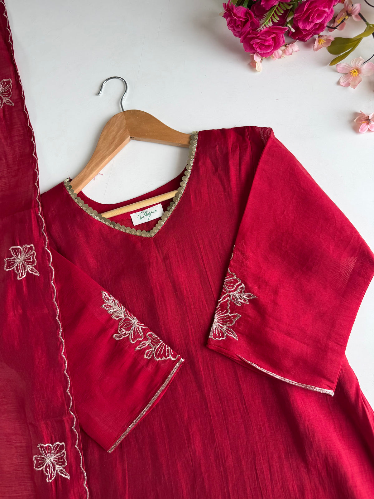 K114 - Surat Mul chanderi embroidered Aline Kurti with pants and dupatta