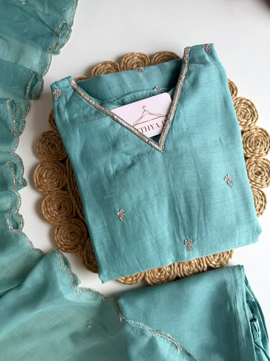 K132 - Mul chanderi handwork aline Kurti with pants and dupatta
