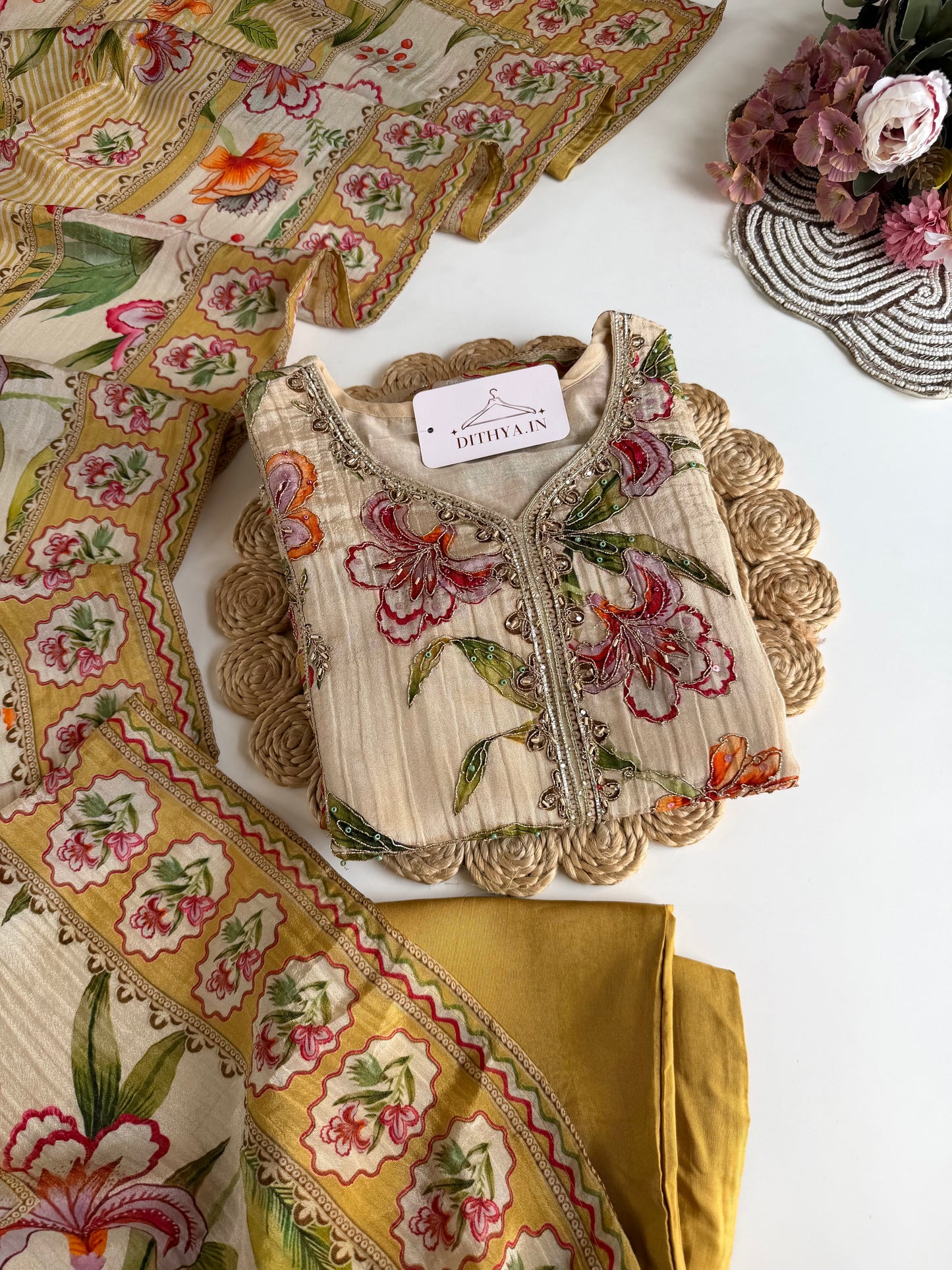 K645-Crush tissue silk handwork Aline Kurti with pants and dupatta