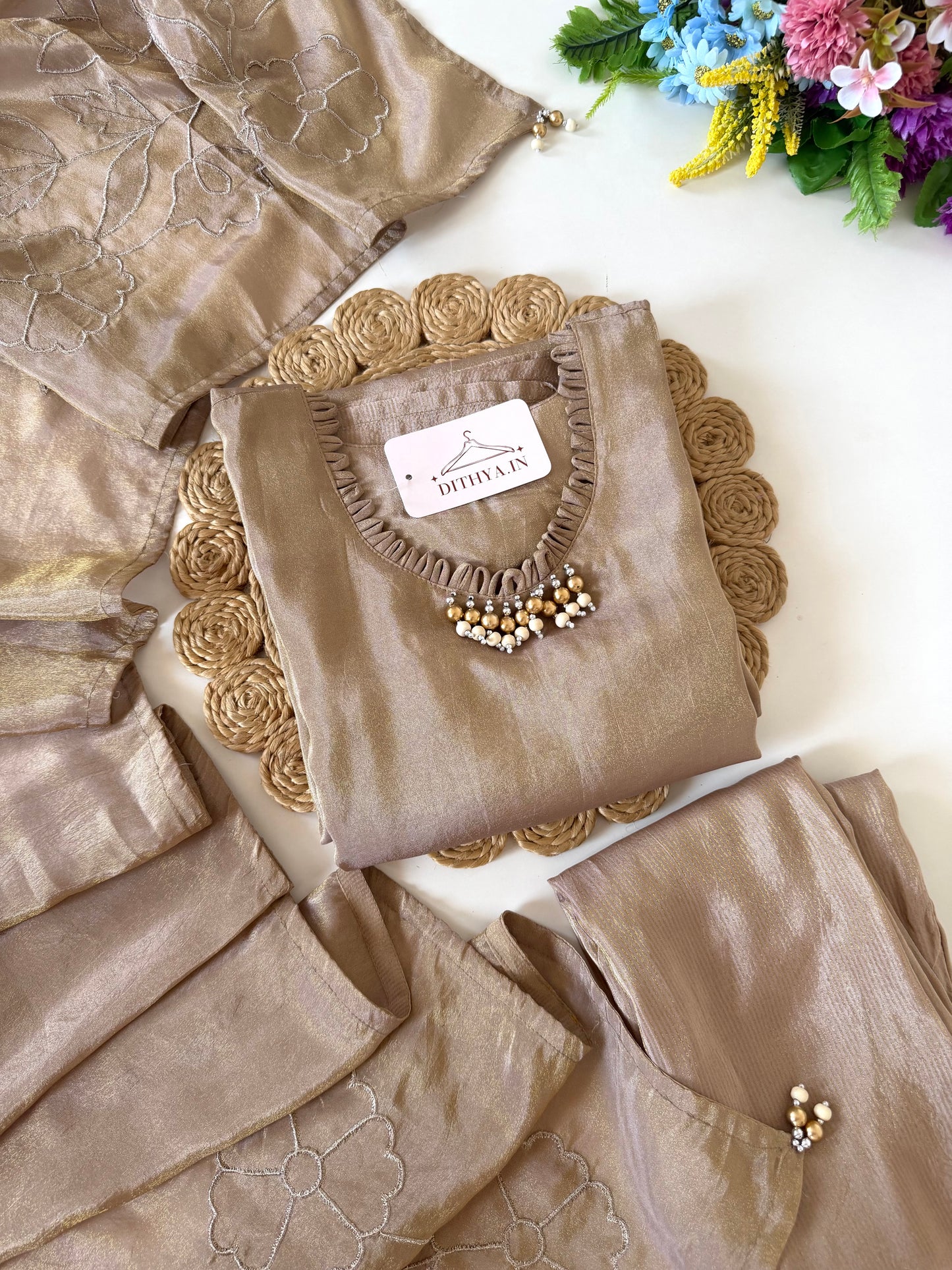 K449 - Kanjivaram silk self zari Aline Kurti with pants and dupatta