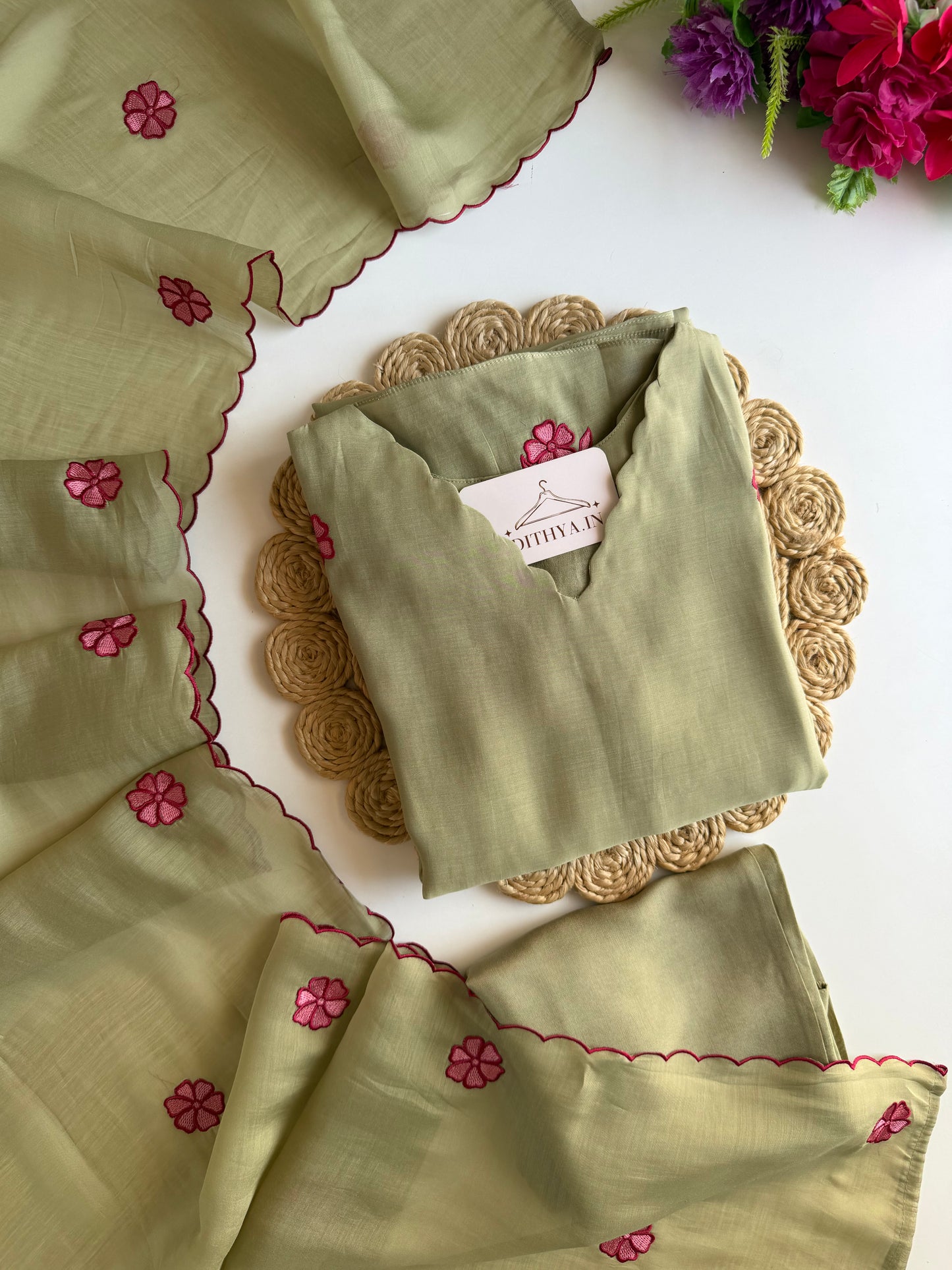 K075 - Mul chanderi embroidered Aline Kurti with pants and dupatta