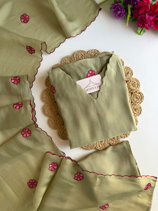 K075 - Mul chanderi embroidered Aline Kurti with pants and dupatta