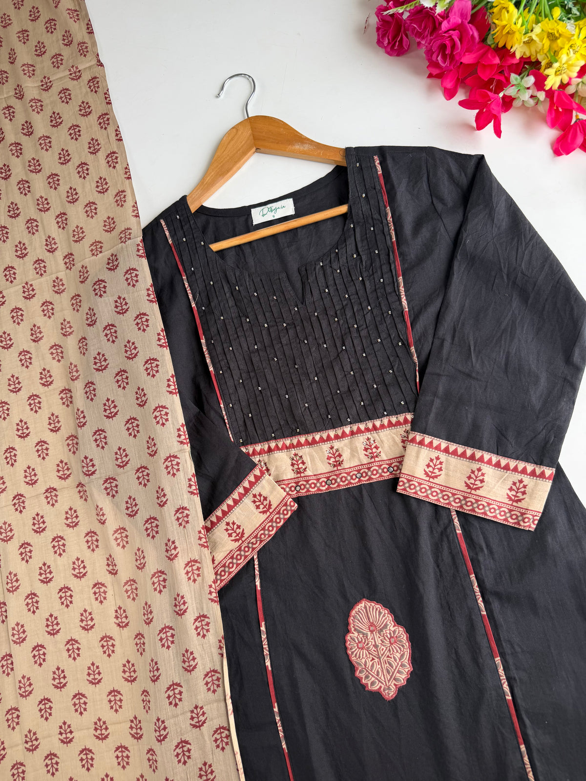K109 - Mul cotton pintex embroidered straight Kurti with pants and dupatta