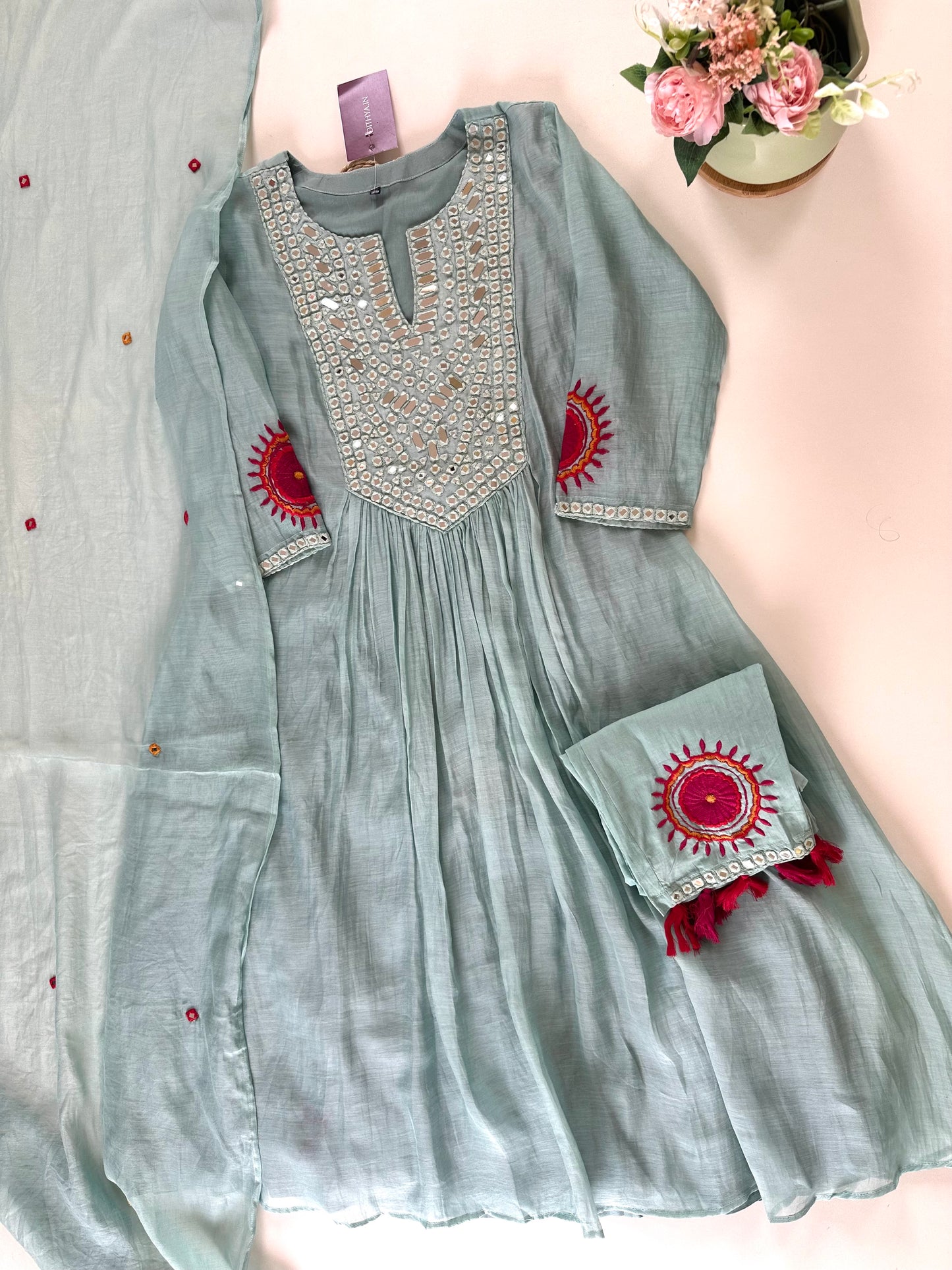 K052 - Pure Mul Chanderi mirror work  Anarkali with pants and dupatta.