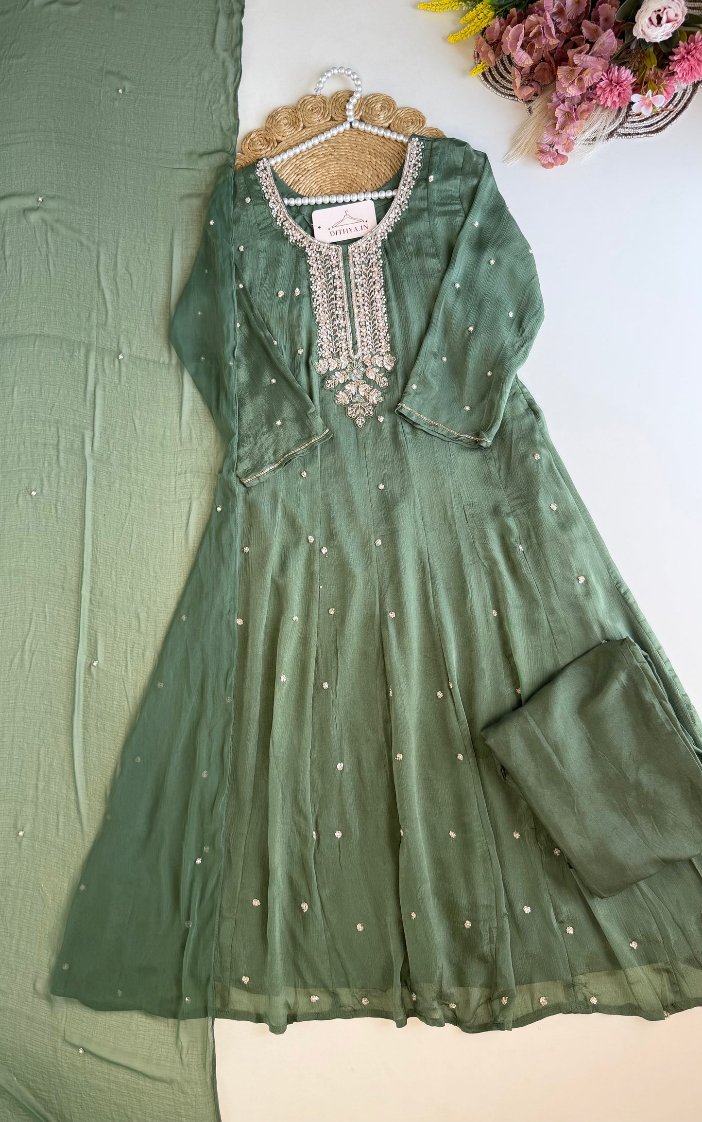 K502 - Chinnon handwork Anarkali with pants and dupatta
