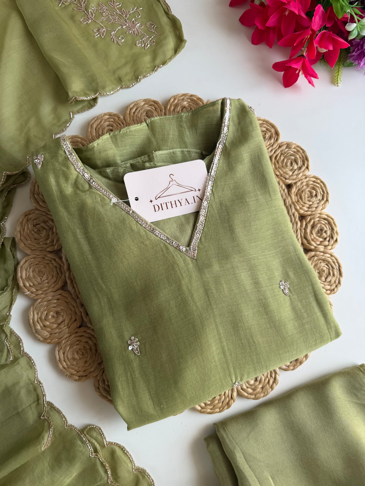K638 - Mul chanderi handwork Aline Kurti with pants and dupatta