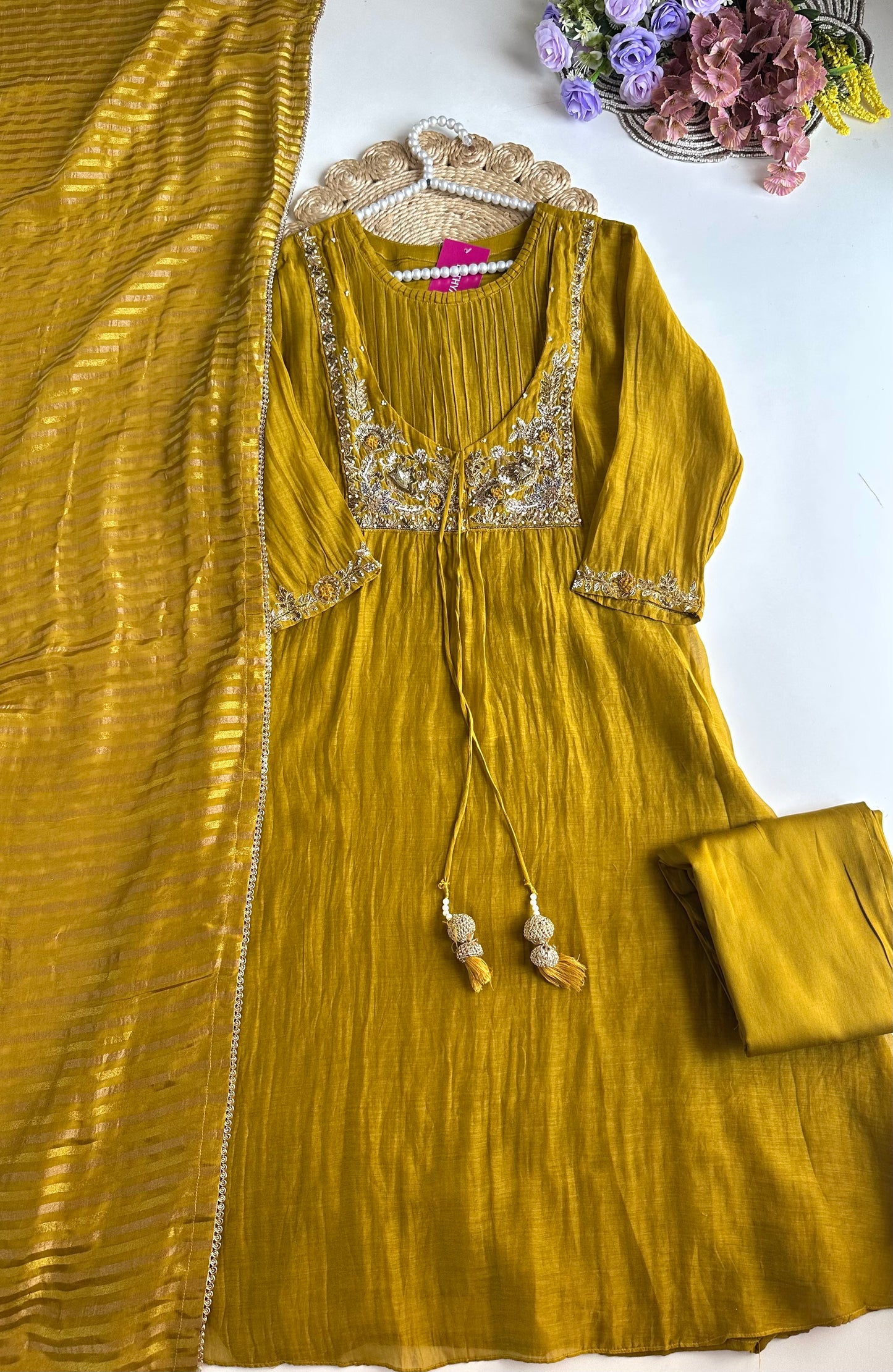 K102 - Mul Chanderi handwork Aline Kurti with pants and dupatta in 2 colours