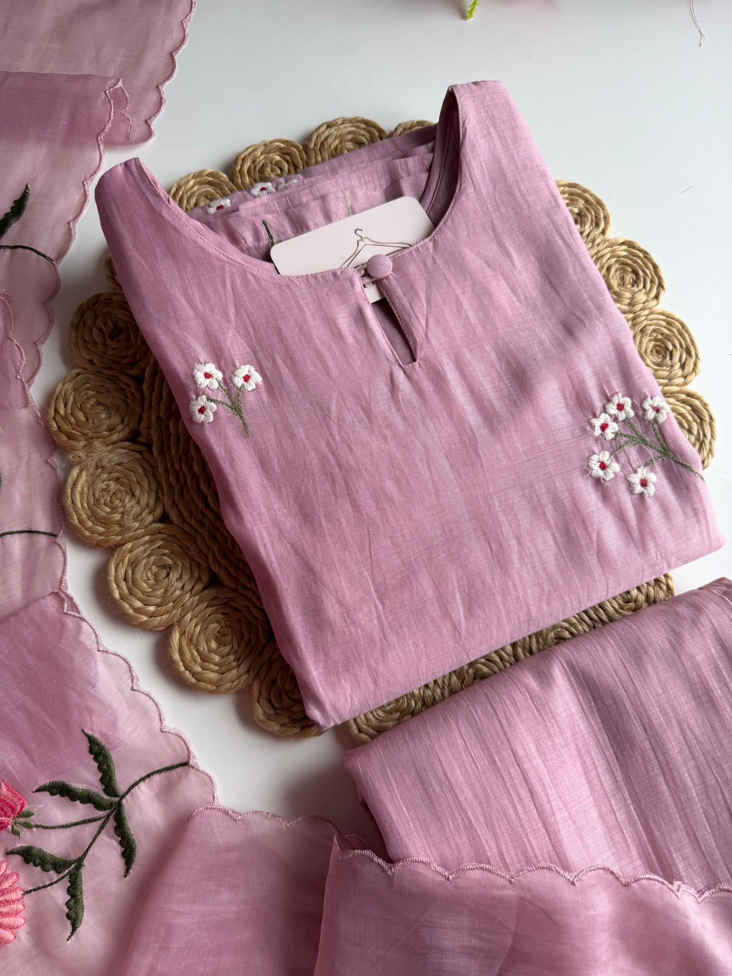 K632 - Mul Chanderi 3D appliqué work straight Kurti with pants and dupatta