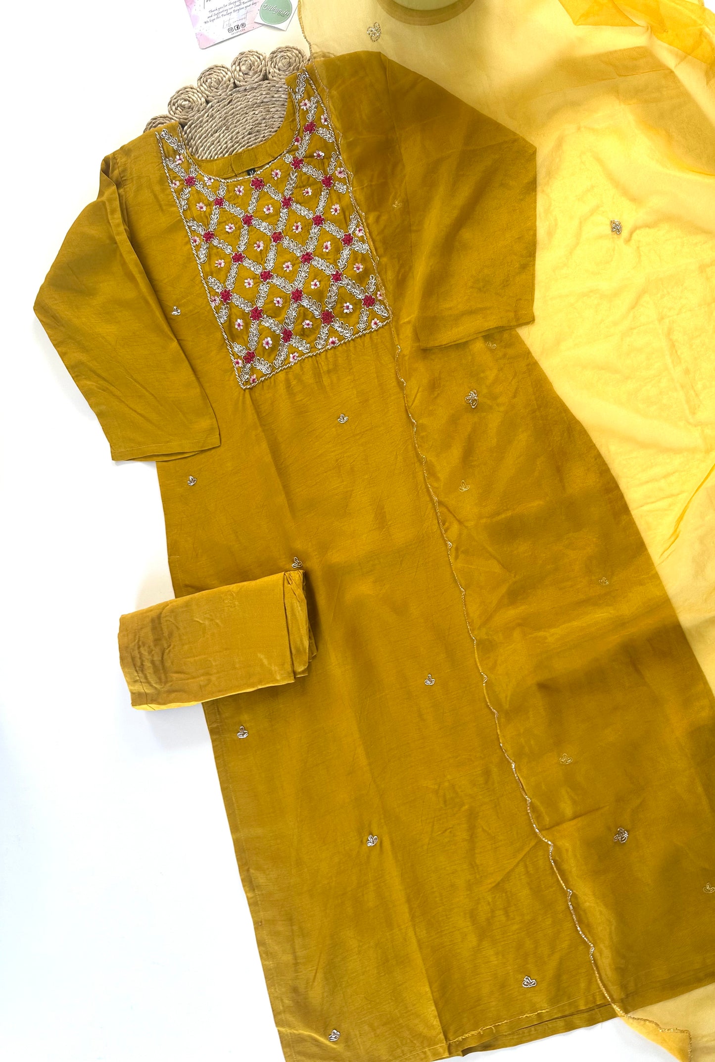 K323 - Dola silk Straight kurti with straight pants and organza dupatta .