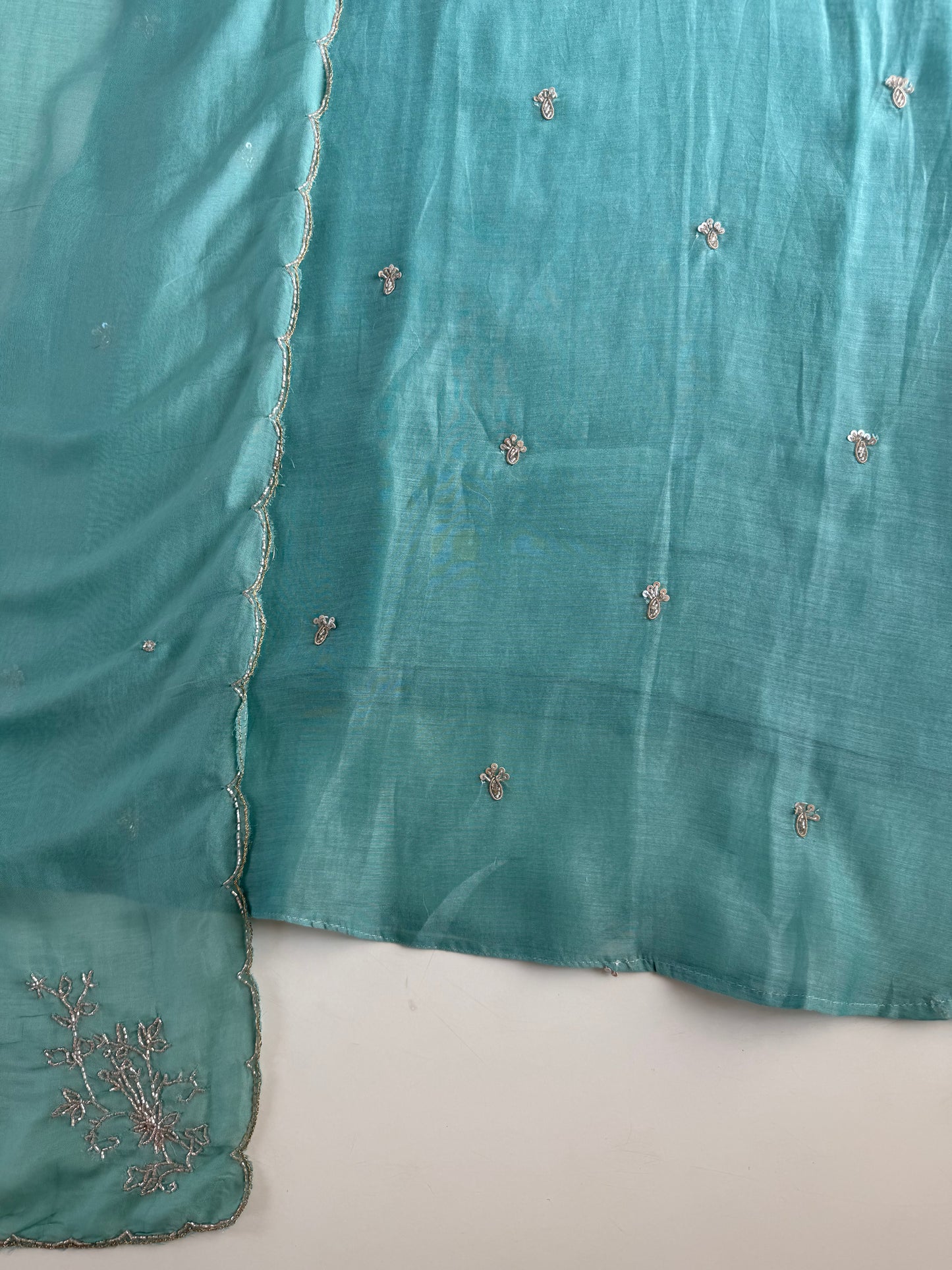 K132 - Mul chanderi handwork aline Kurti with pants and dupatta