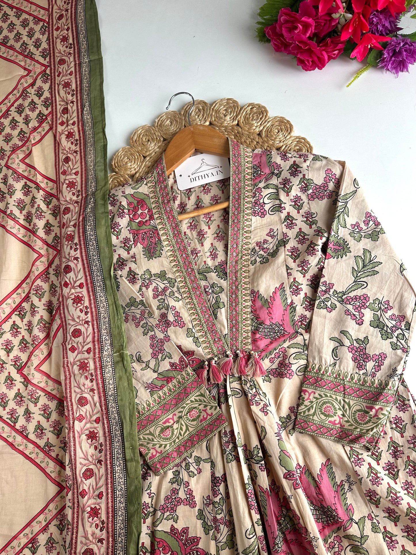 K718 - Mul cotton printed floral Anarkali with pants and dupatta