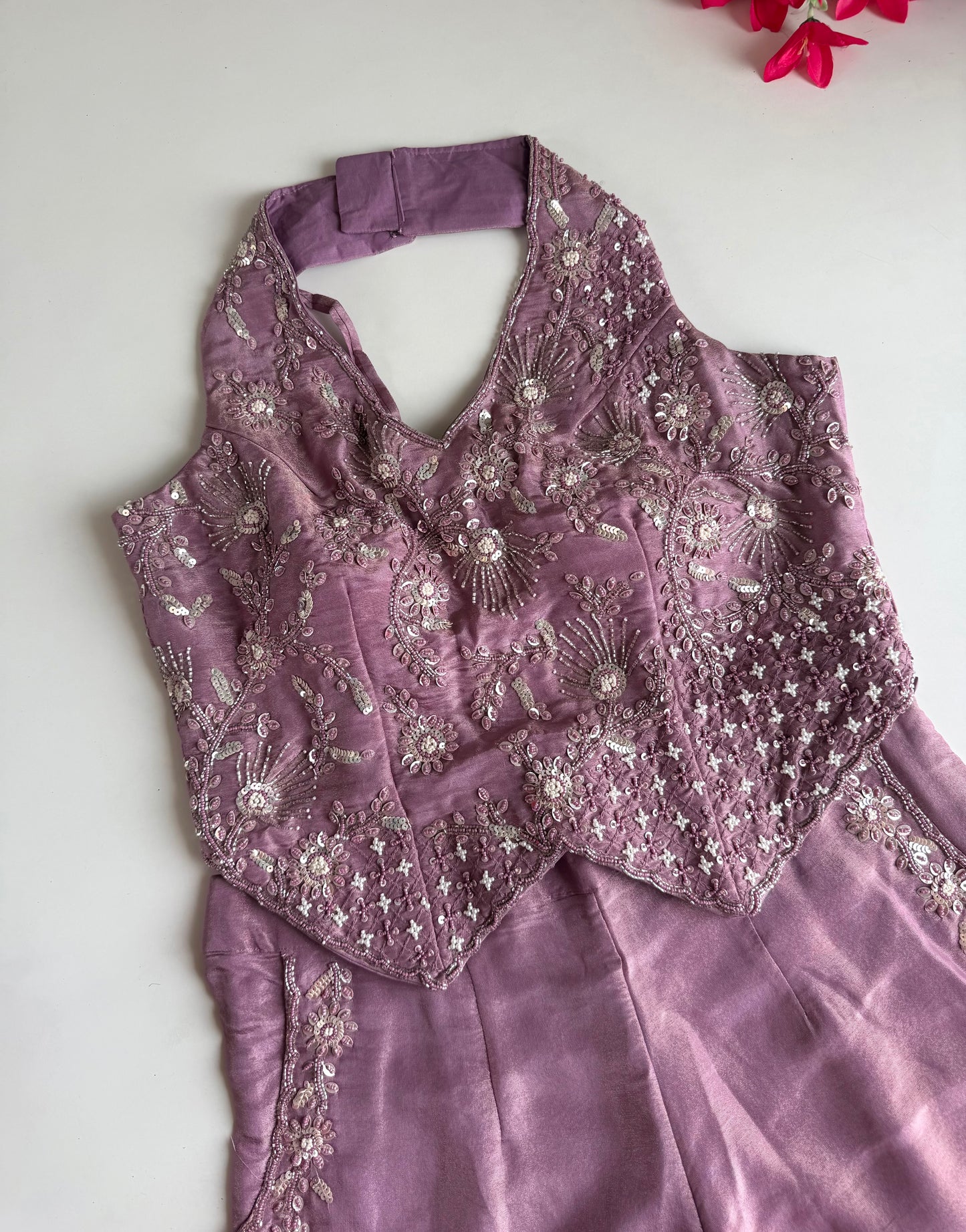 K533 - Tissue silk handwork crop top with divider pants in 3 colours