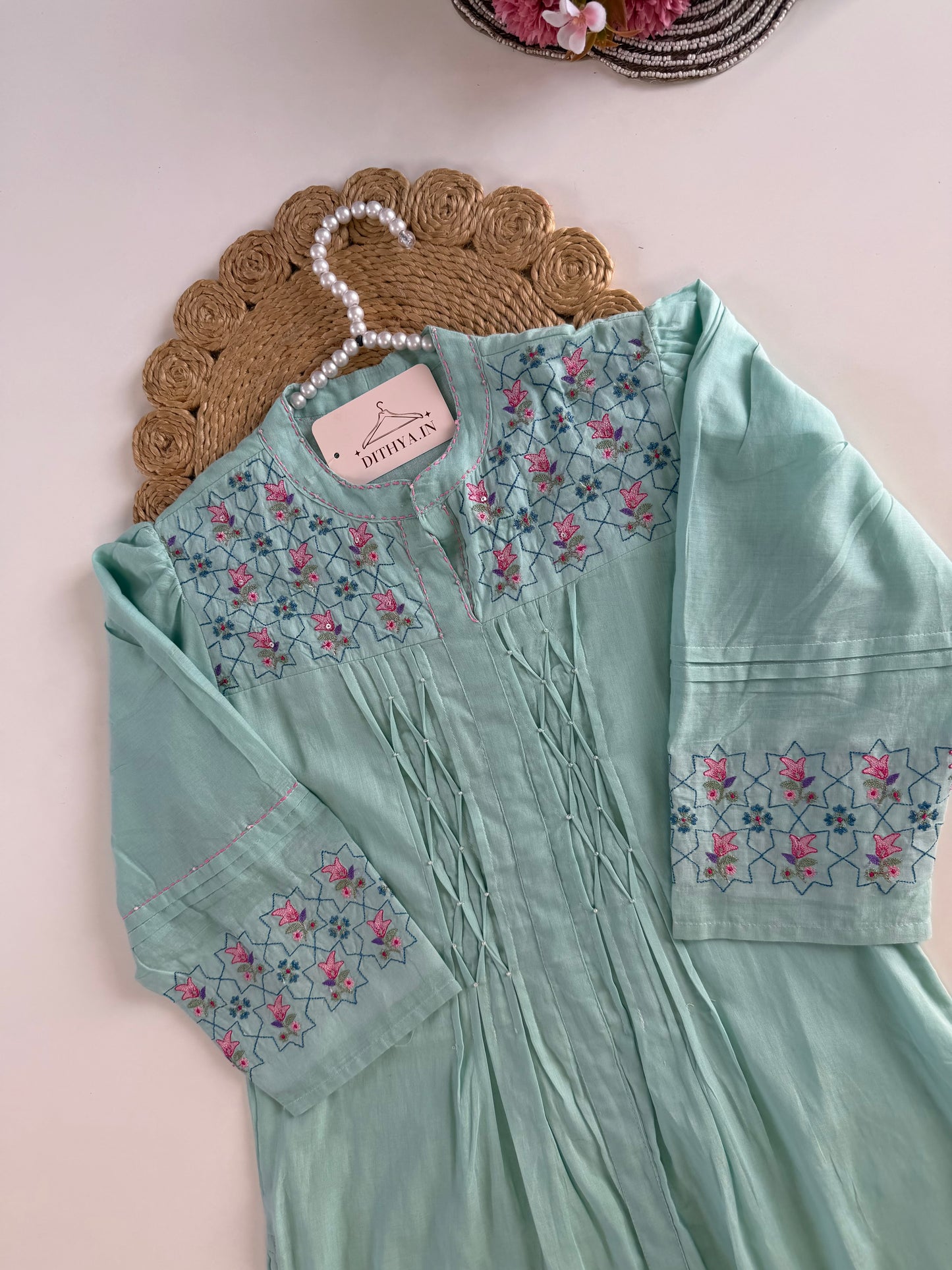 K621 - Mul cotton embroidered Aline Kurti with pants