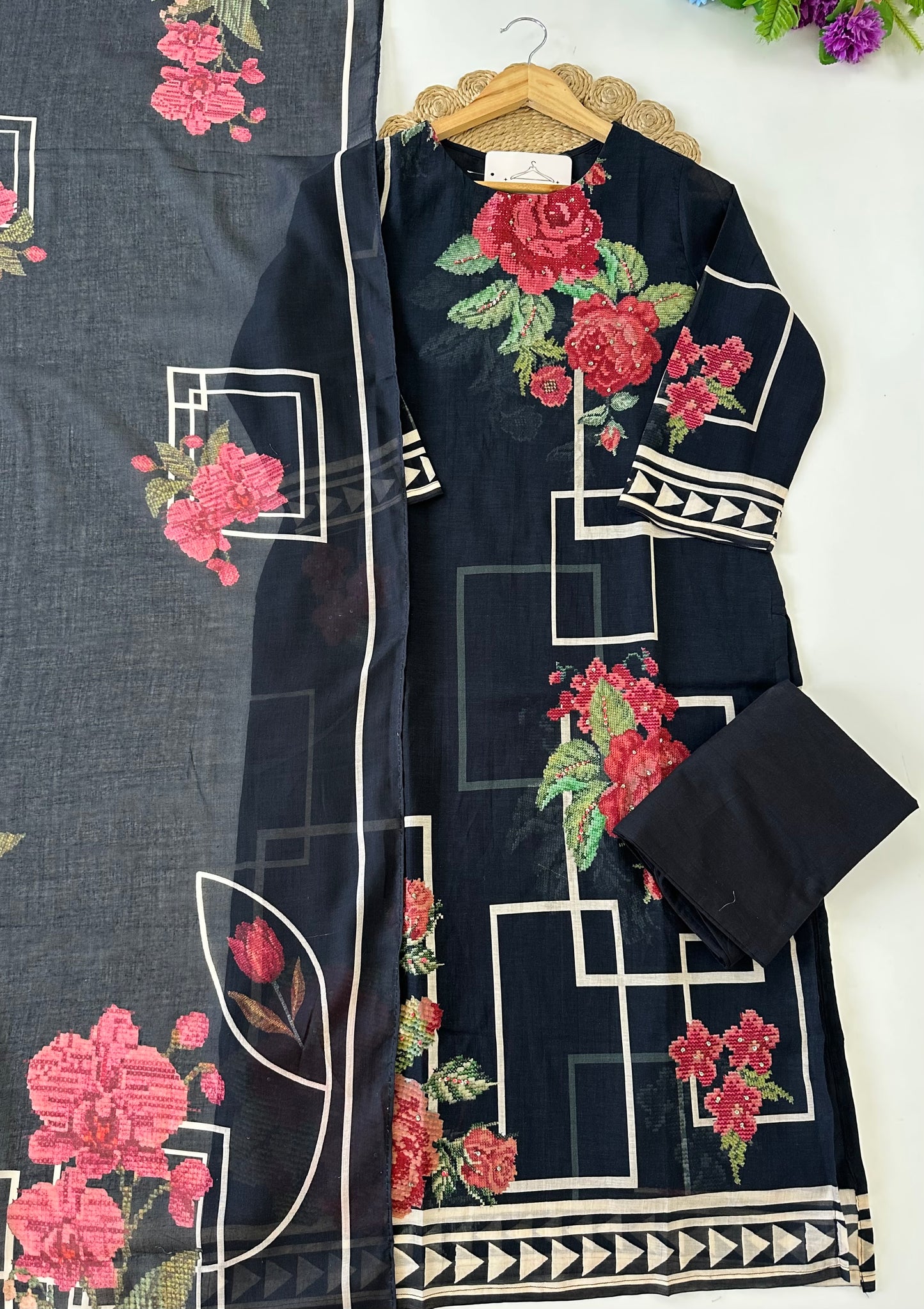 K020 - Mul cotton printed straight Kurti with pants and dupatta