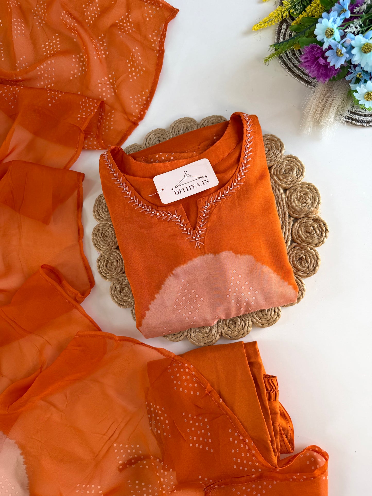 K599 - Muslin bandhini Aline Kurti with pants and dupatta